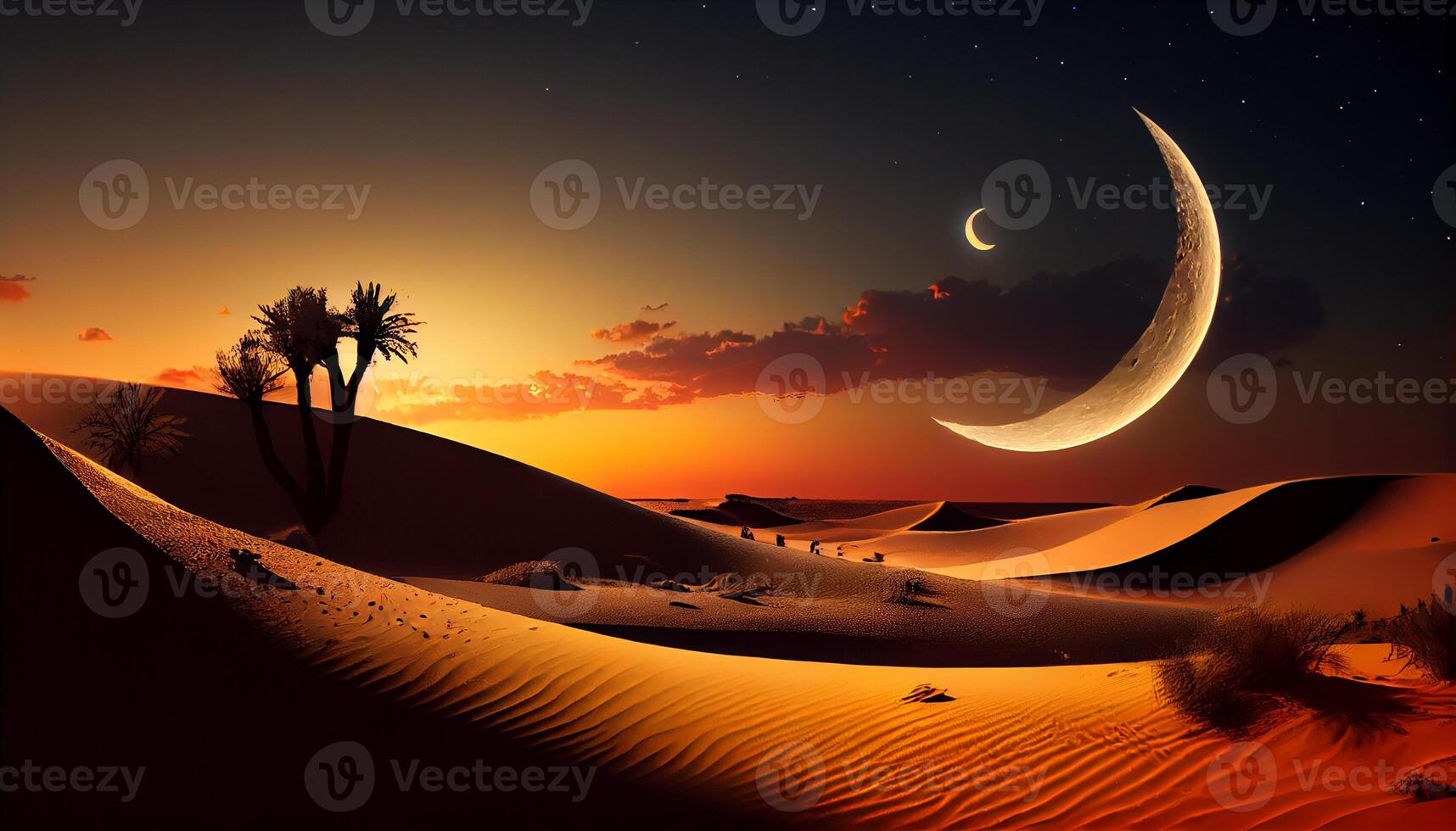 Vertical desert landscape with sand dunes with crescent moon and star at dark night Image photo