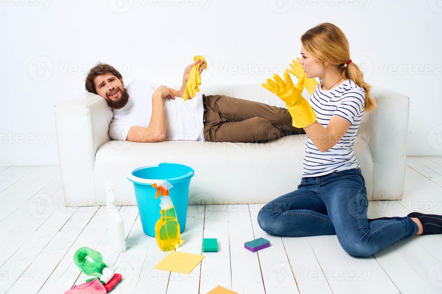 Married couple in the room doing housework lifestyle services photo