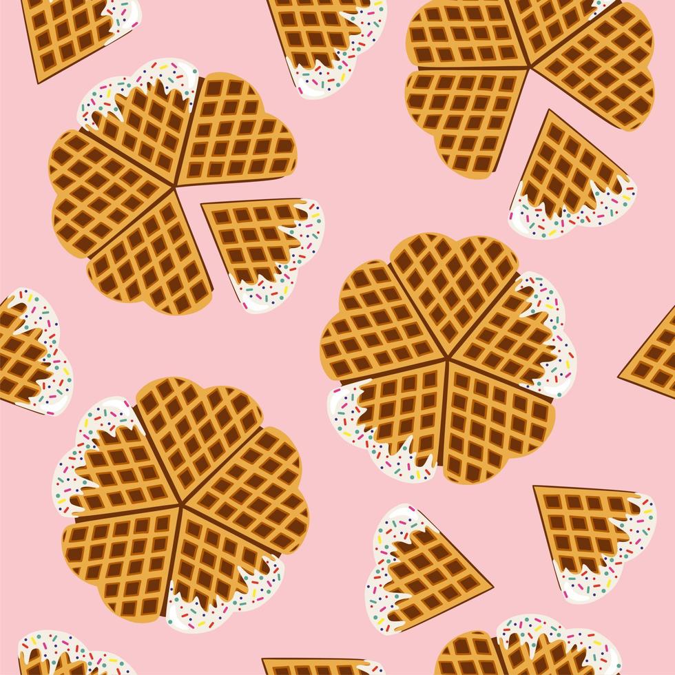 Valentines day sweet lunch. Seamless pattern. Hearts shape pastry. Love day. Homemade waffles. vector