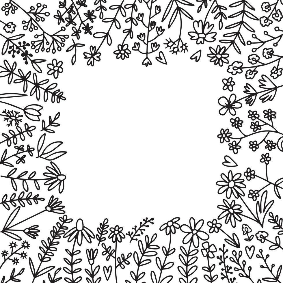 Vector doodle wild flowers frame illustration. Hand drawn different kinds of flowers frame