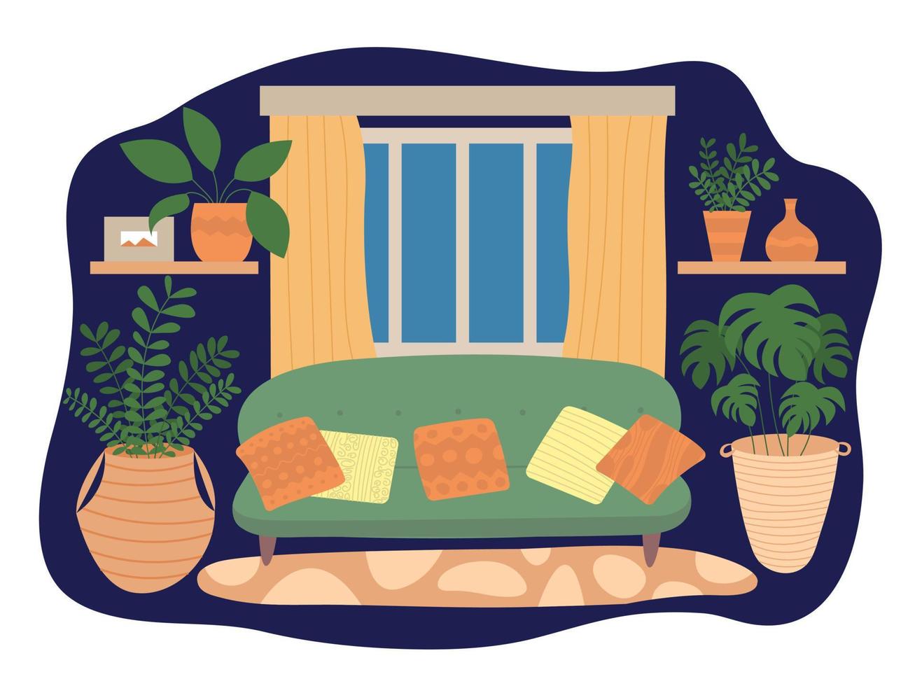 Vector home interior in flat style with cozy sofa and plants. Flat style interior with window, curtains, sofa and shelves