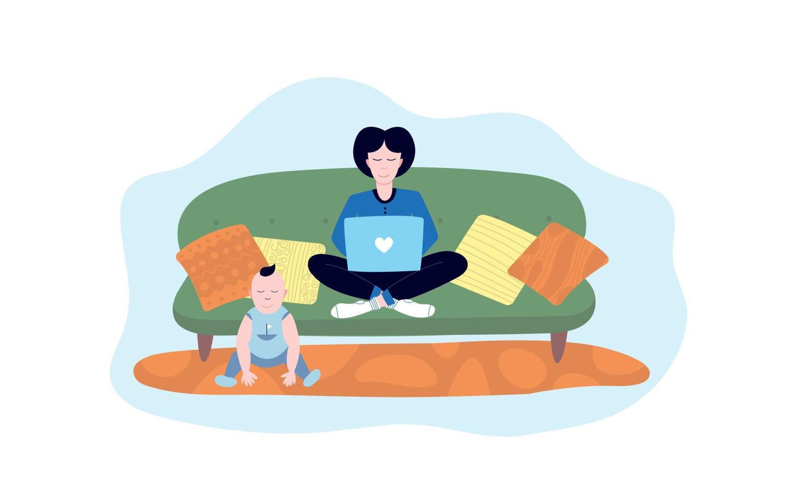 Young mother sitting on sofa with laptop and baby sitting on floor. Vector illustration with new mom working at home during maternity leave