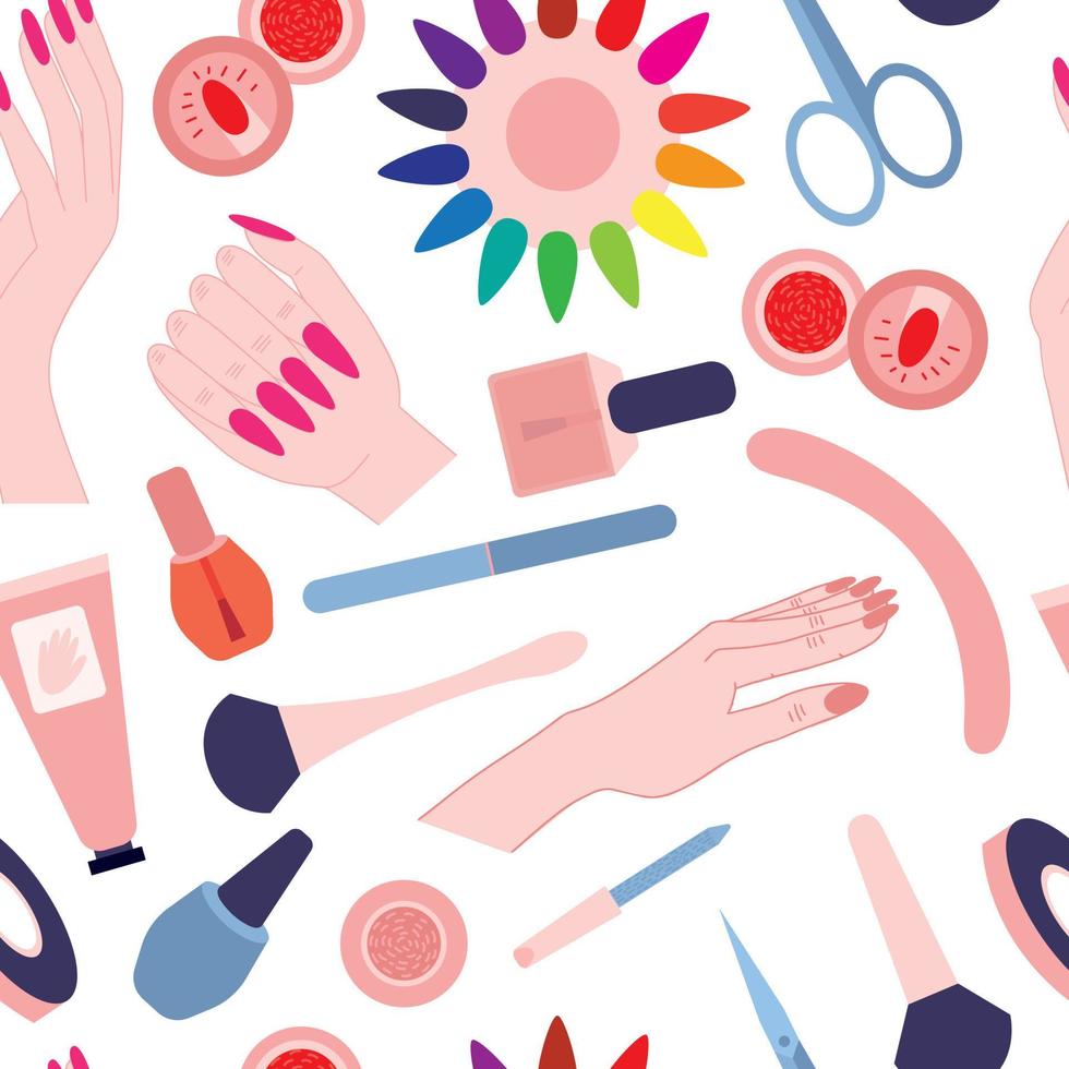 Vector manicure seamless pattern. Flat manicure salon tools on white background