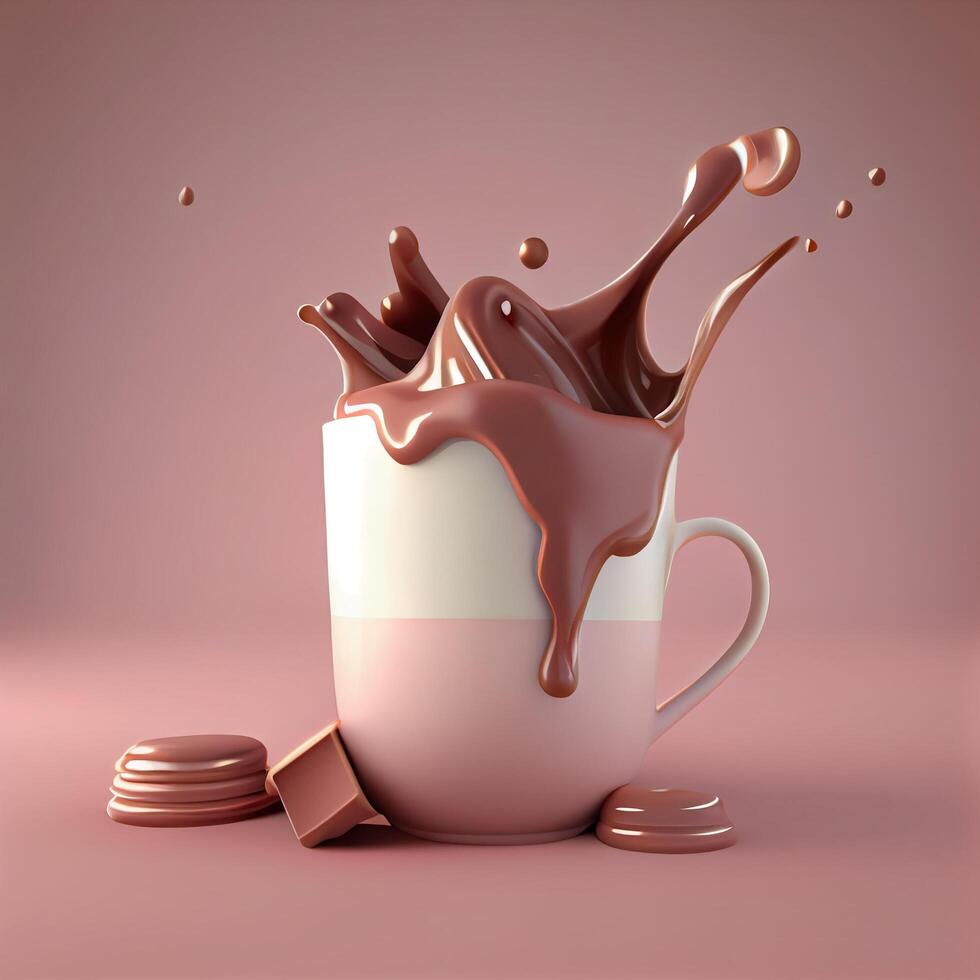 Liquid hot chocolate pouring from a mug, splash of chocolate in cup, 3d rendering photo