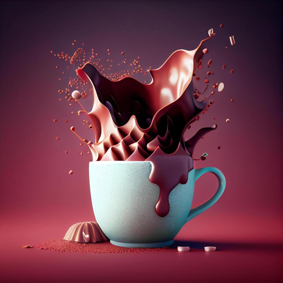 Liquid hot chocolate pouring from a mug, splash of chocolate in cup, 3d rendering photo