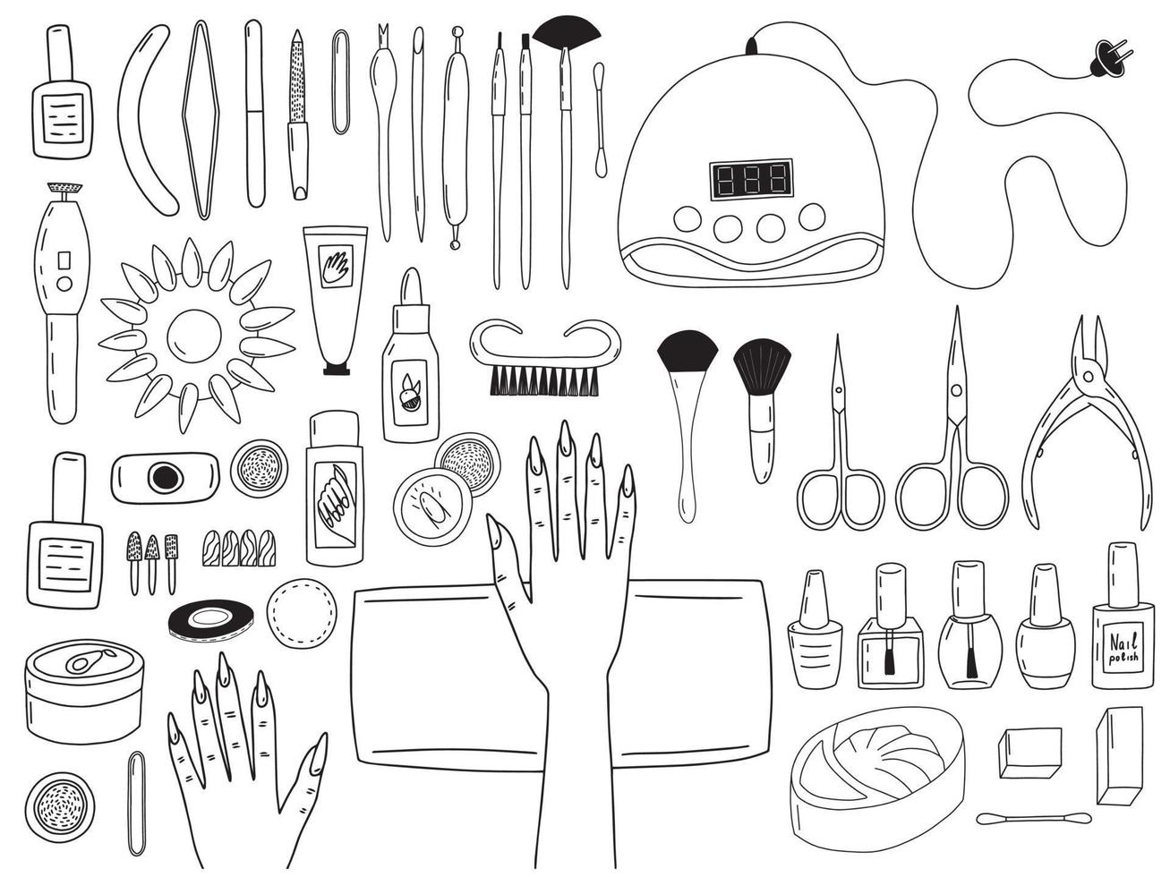 Vector hand drawn manicure set on table top view. Different kinds of manicure tools and himan hands on table isolated.