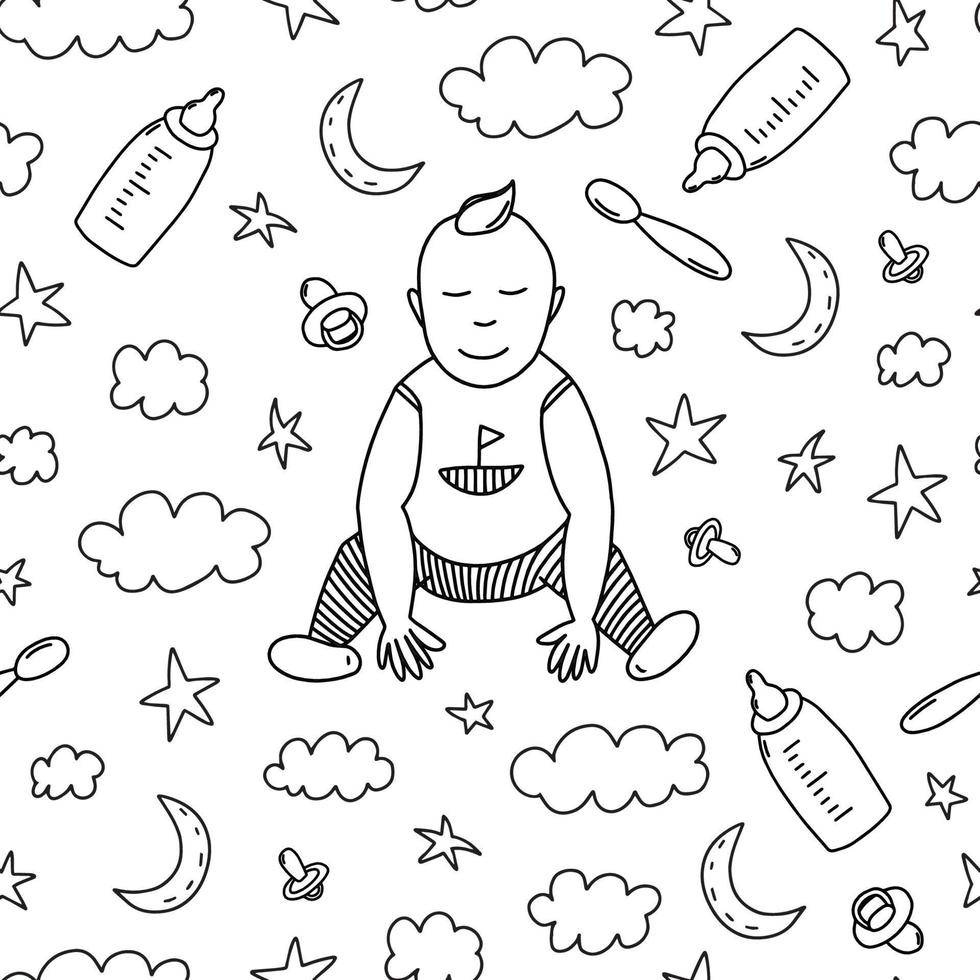 Cute baby boy seamless pattern on white background. Vector toddler doodle pattern