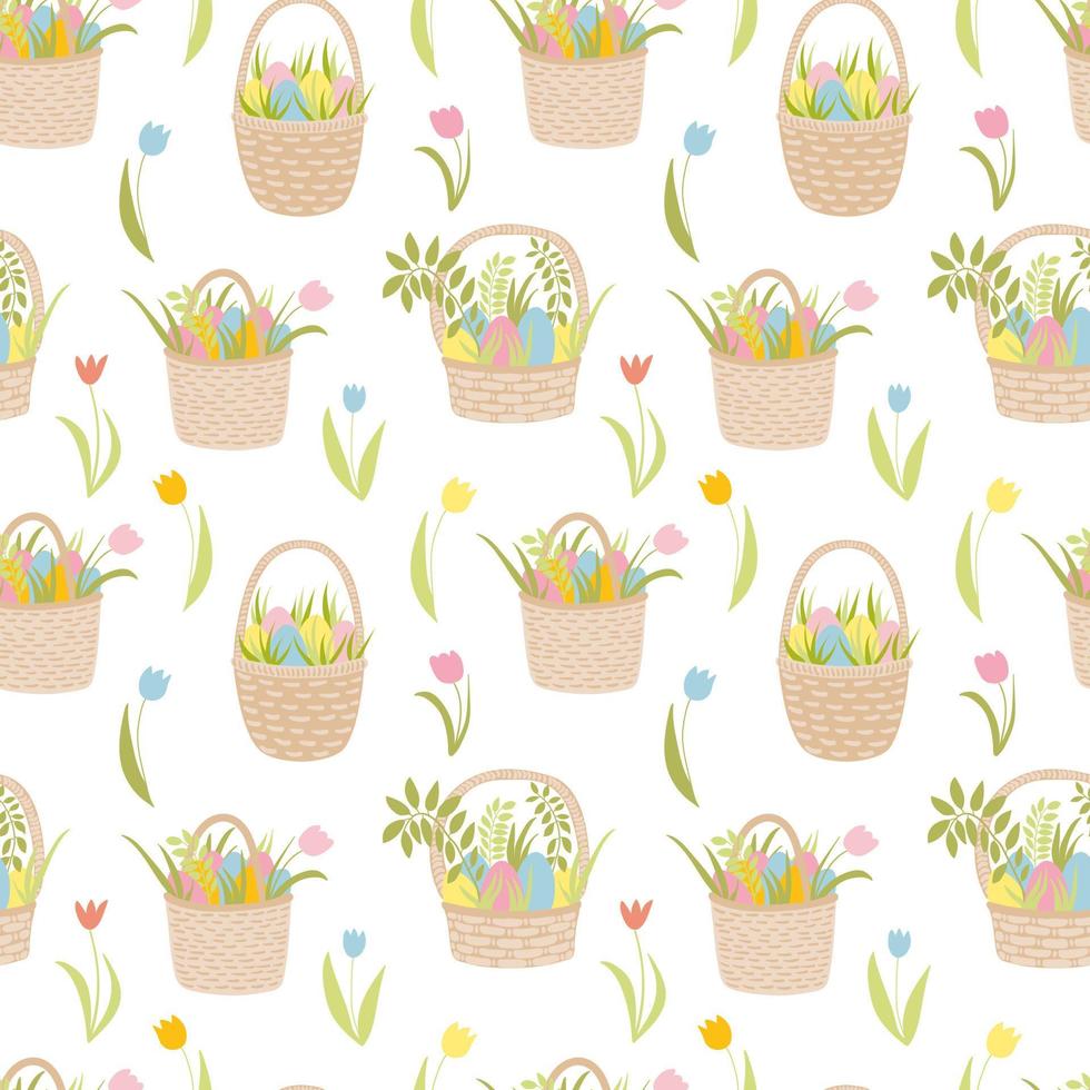 Easter basket with eggs seamless pattern. Hand drawn vector seamless pattern. Easter holiday decor. Wicker basket, coloured eggs, plants, tulips. Wrapping paper, holiday decor, home textile.
