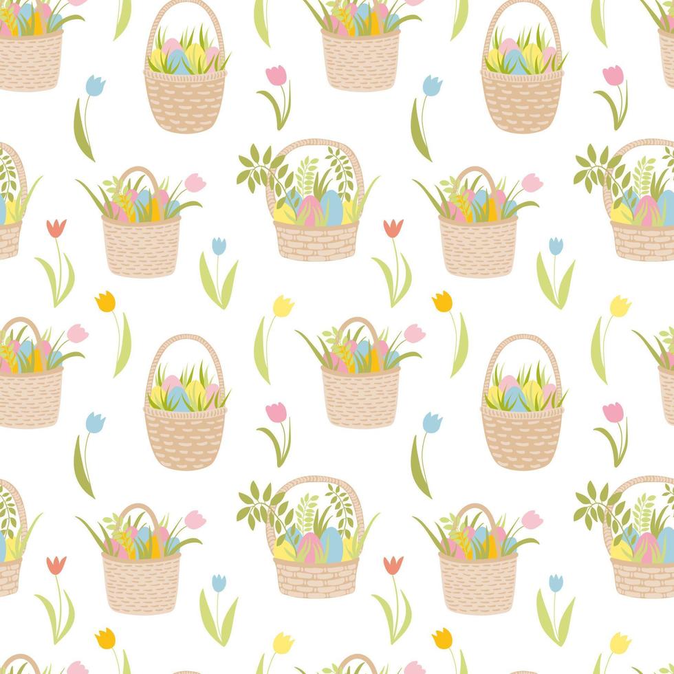 Easter basket with eggs seamless pattern. Hand drawn vector seamless pattern. Easter holiday decor. Wicker basket, coloured eggs, plants, tulips. Wrapping paper, holiday decor, home textile.