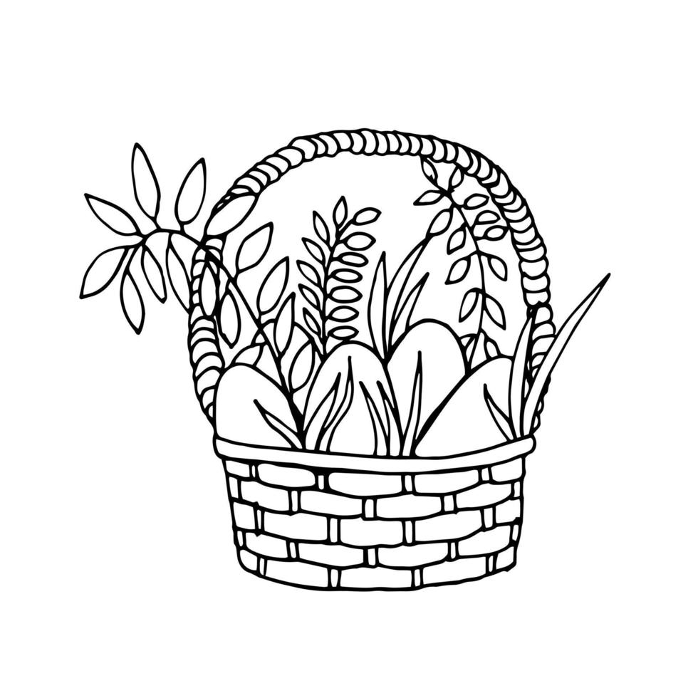 Easter basket with eggs and flowers. Hand drawn doodle easter greeting cards with wicker basket, spring flowers and eggs. Vector clip art design for holiday decor, invitations, stickers, textile.