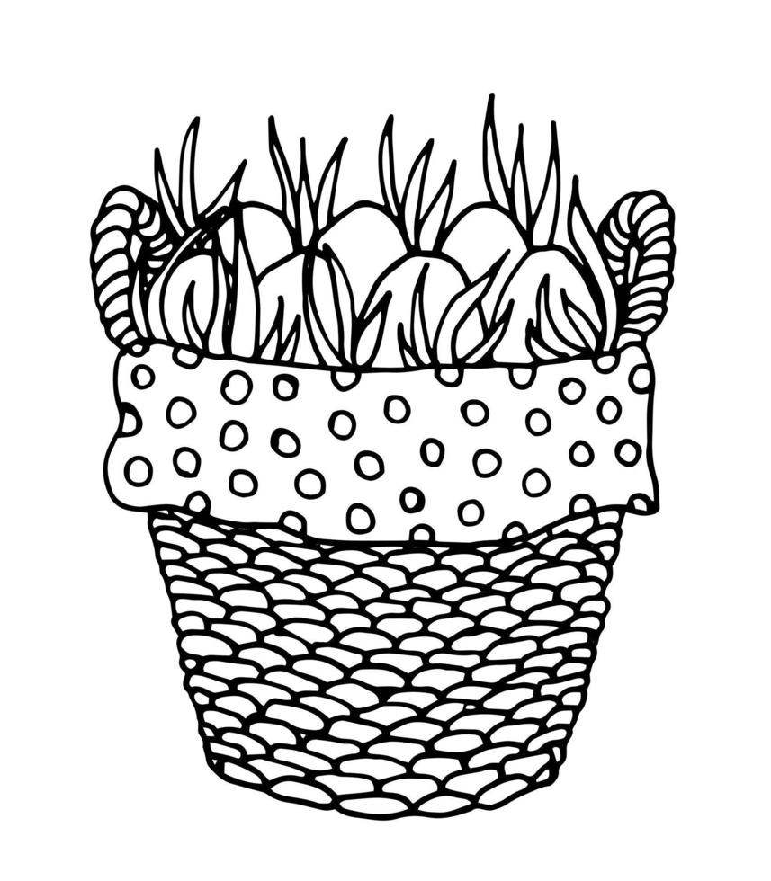 Easter basket with eggs and flowers. Hand drawn doodle easter greeting cards with wicker basket, spring flowers and eggs. Vector clip art design for holiday decor, invitations, stickers, textile.