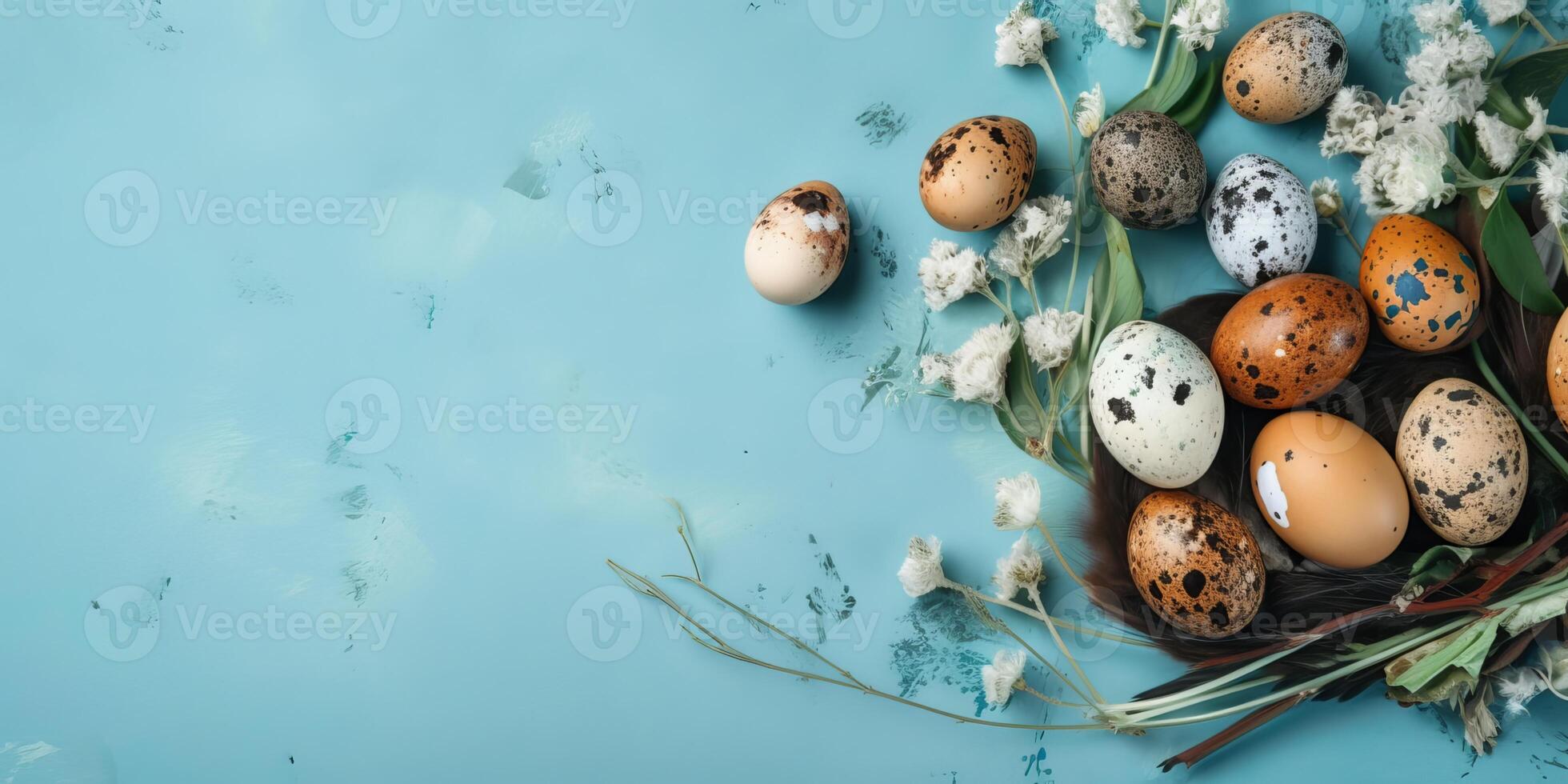 Banner of Easter quail eggs, and flowers over blue background - photo