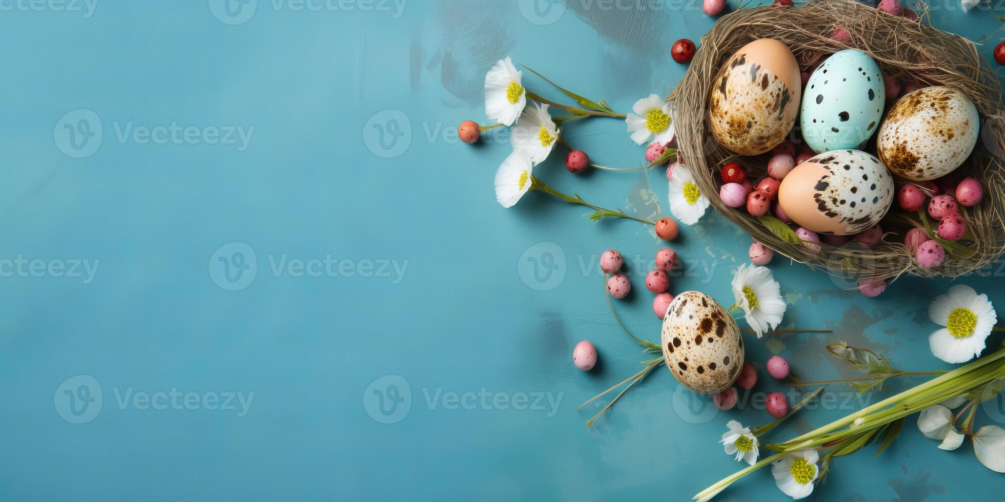 Banner of Easter quail eggs, and flowers over blue background - photo