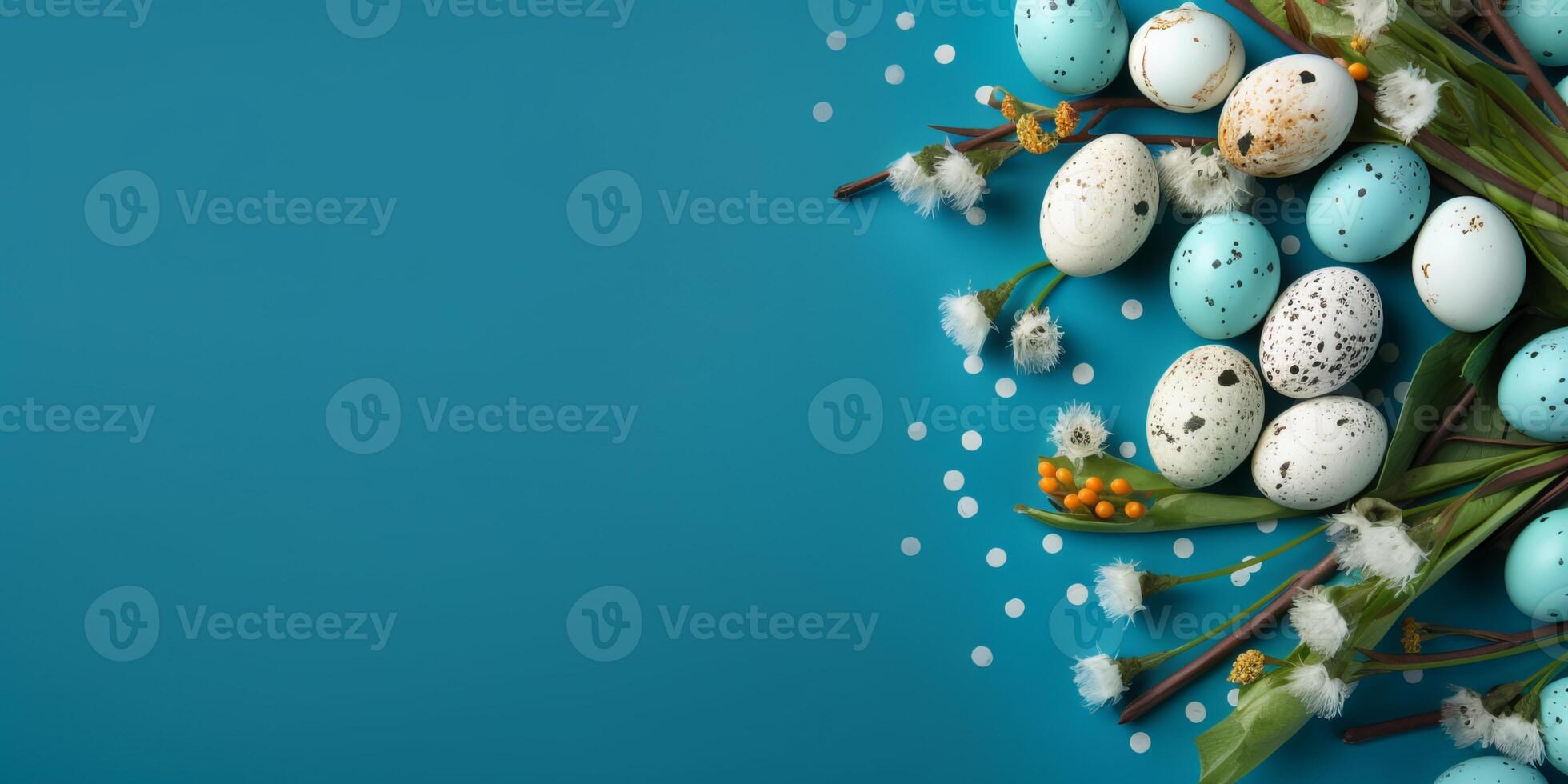 Banner of Easter quail eggs, and flowers over blue background - photo