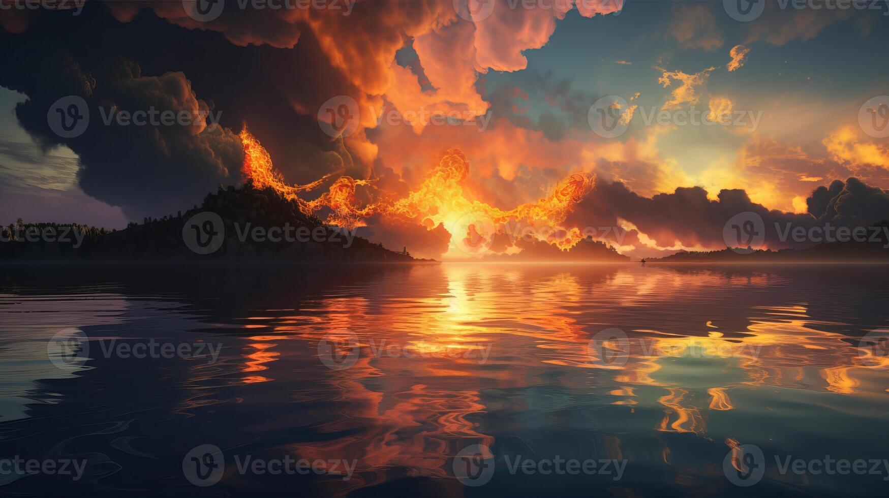 The picture is transparent, dragon fire clouds, sunset, cg rendering, 3d effect, body light, sky, super wide angle, clouds on the lake, lake reflection, blue sky transparent tone - photo