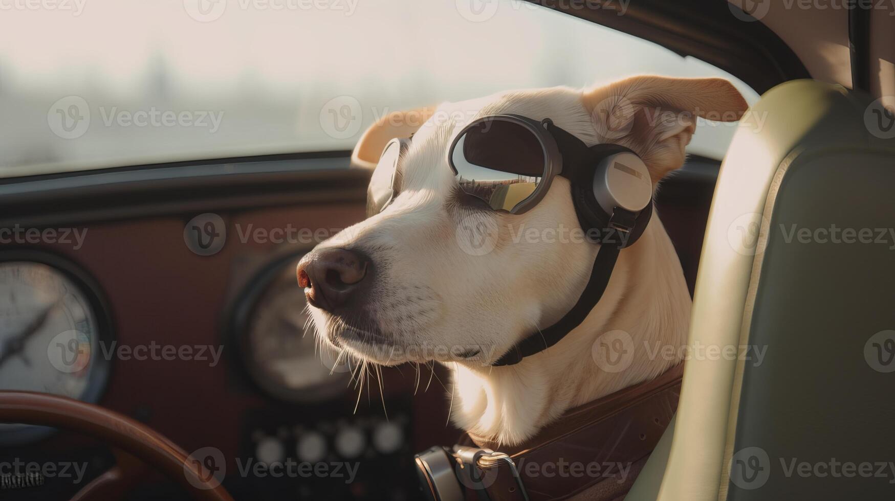 dog driving small car with pilot's glasses, photo