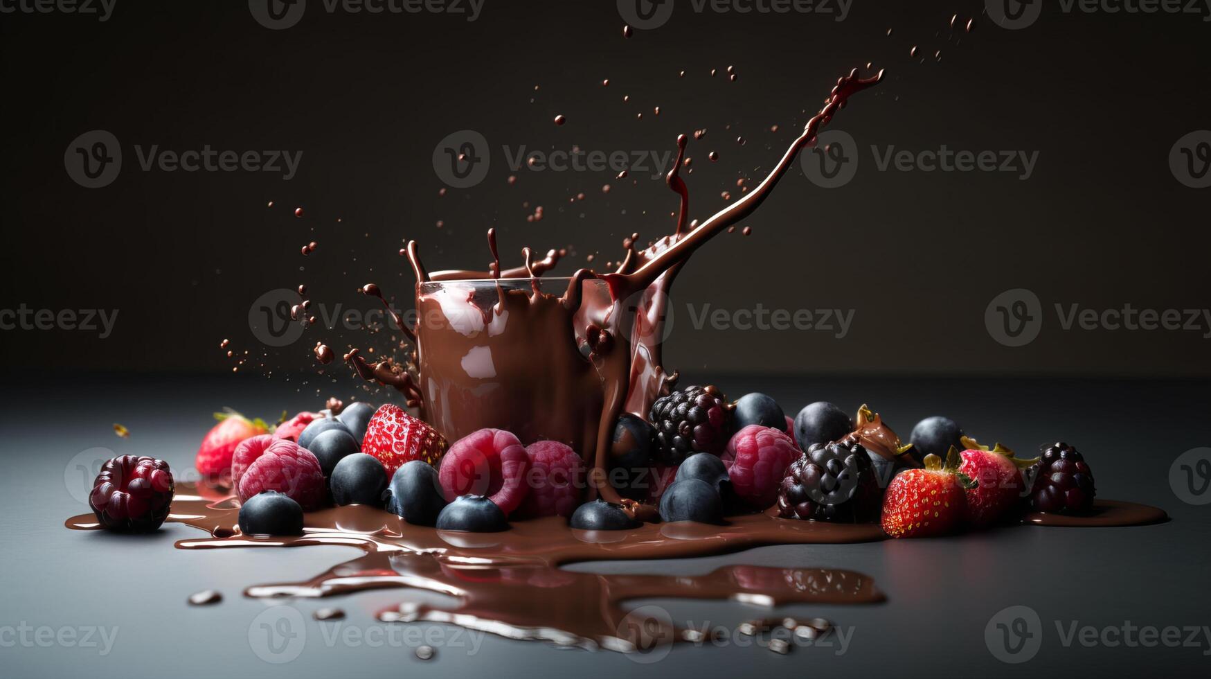 Photo of chocolate and berries splash, In a distance, Minimalism -