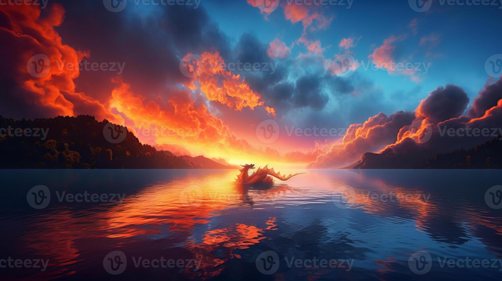 The picture is transparent, dragon fire clouds, sunset, cg rendering, 3d effect, body light, sky, super wide angle, clouds on the lake, lake reflection, blue sky transparent tone - photo