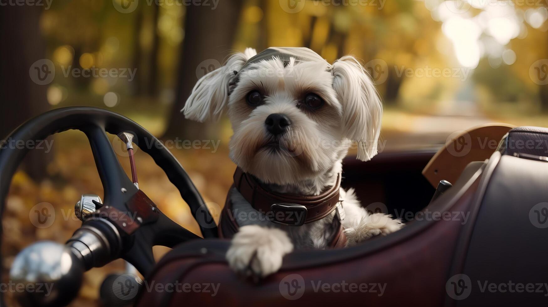 dog driving small car with pilot's glasses, photo