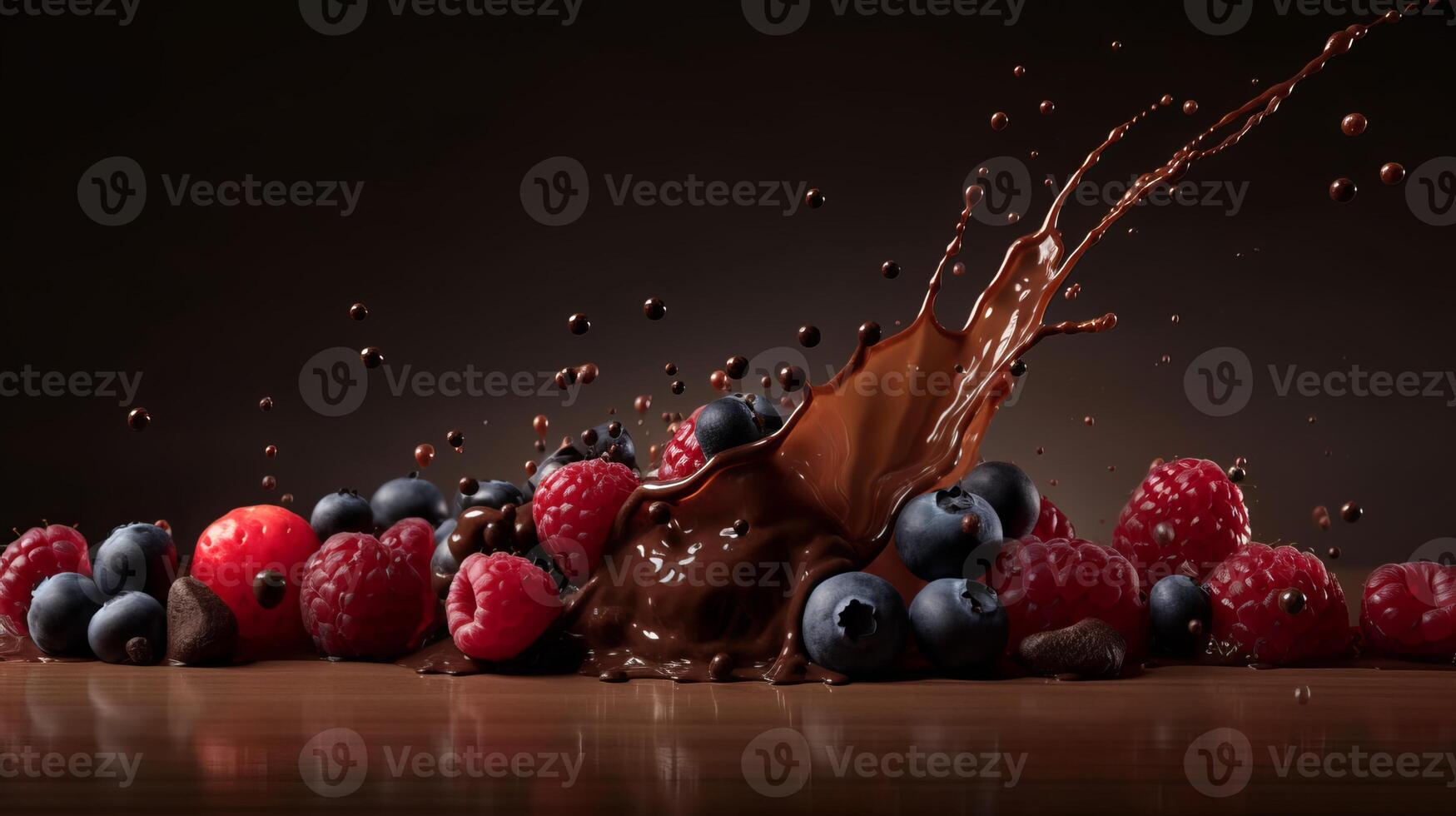 Photo of chocolate and berries splash, In a distance, Minimalism -
