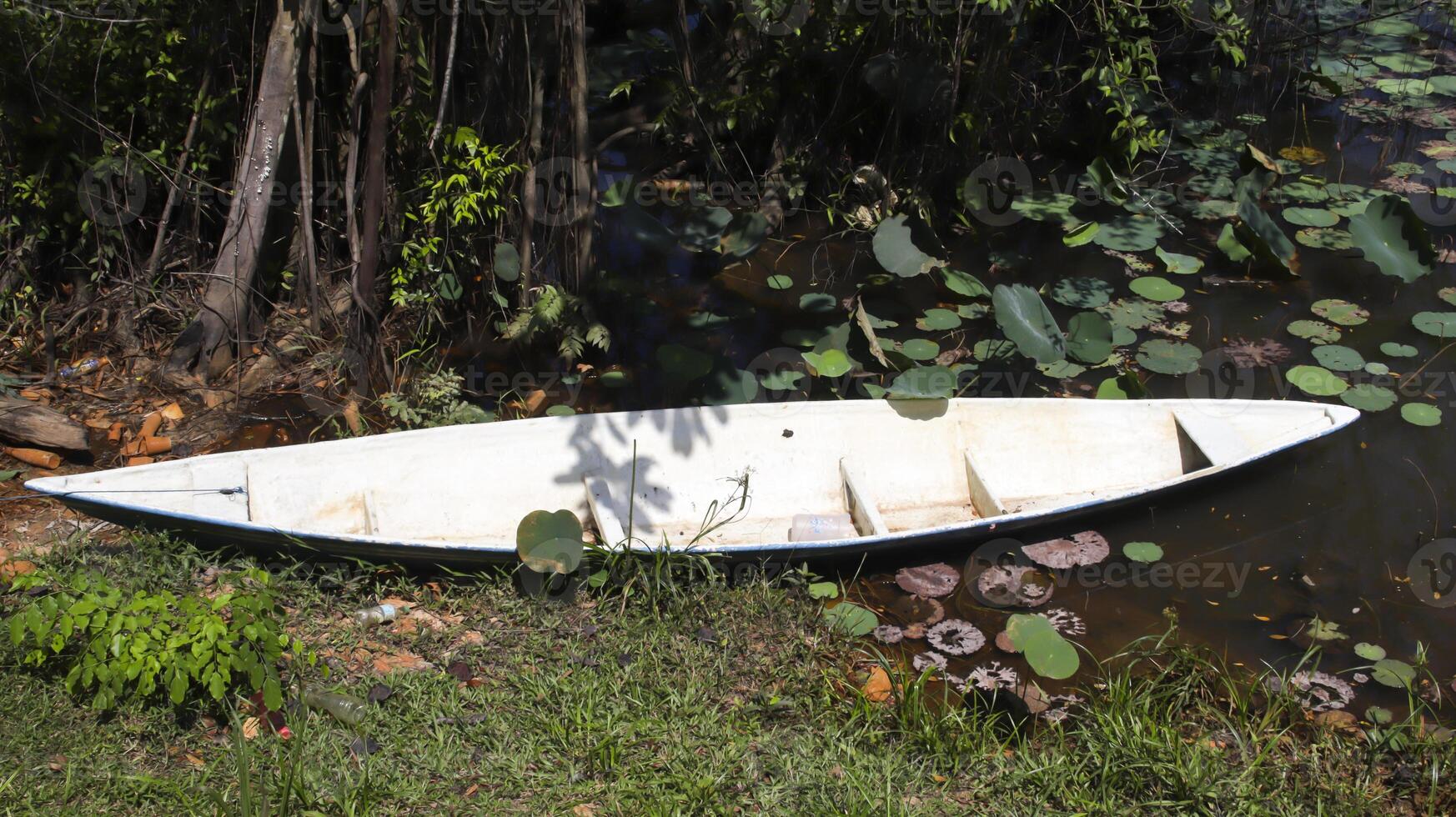 A small white row boat at the side of the lake or pond. photo