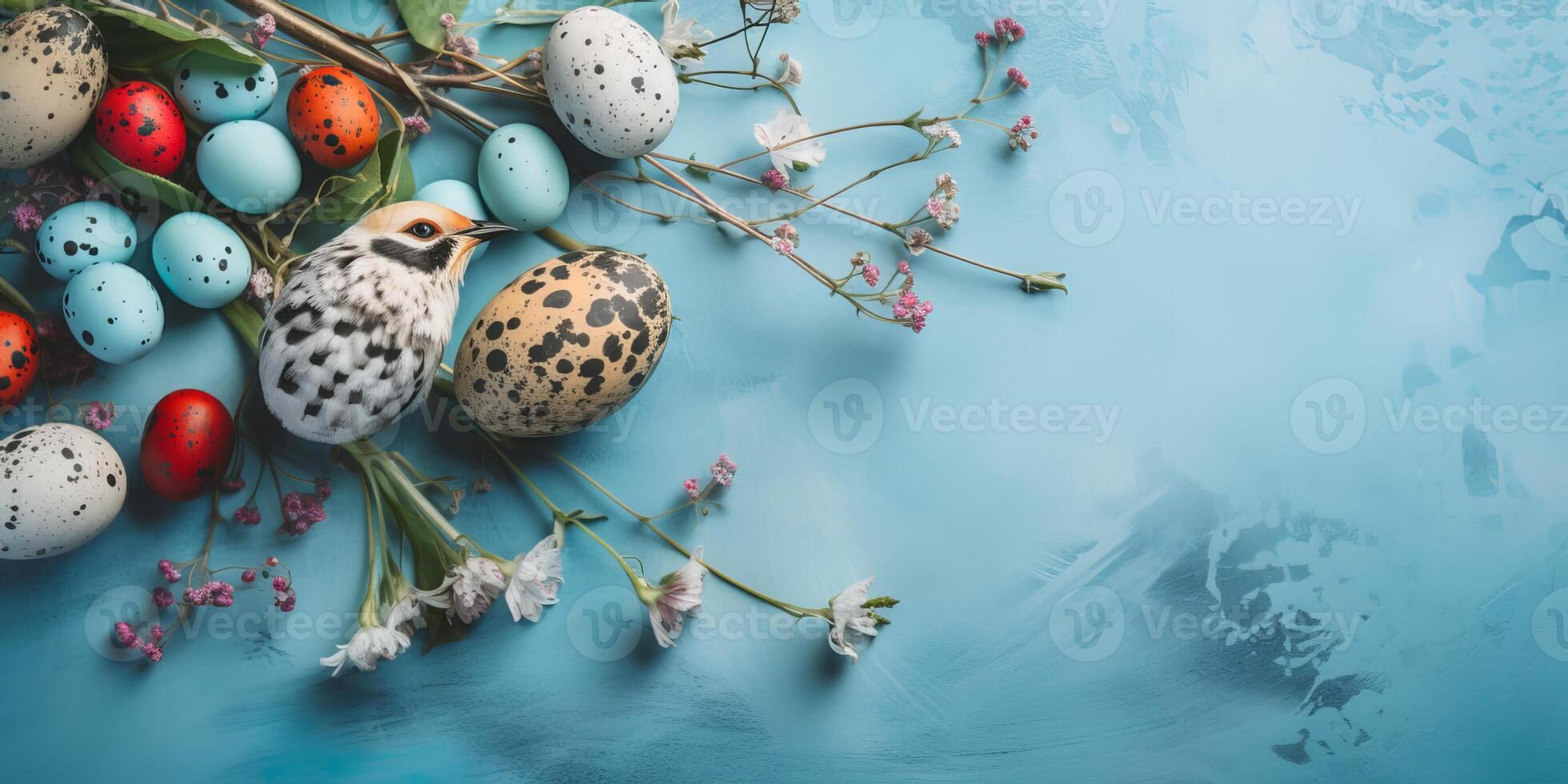 Banner of Easter quail eggs, and flowers over blue background - photo