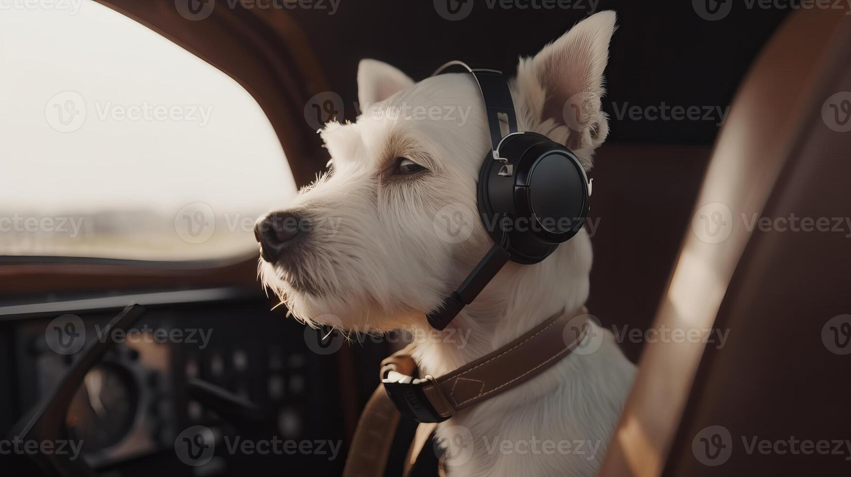 dog driving small car with pilot's glasses, photo