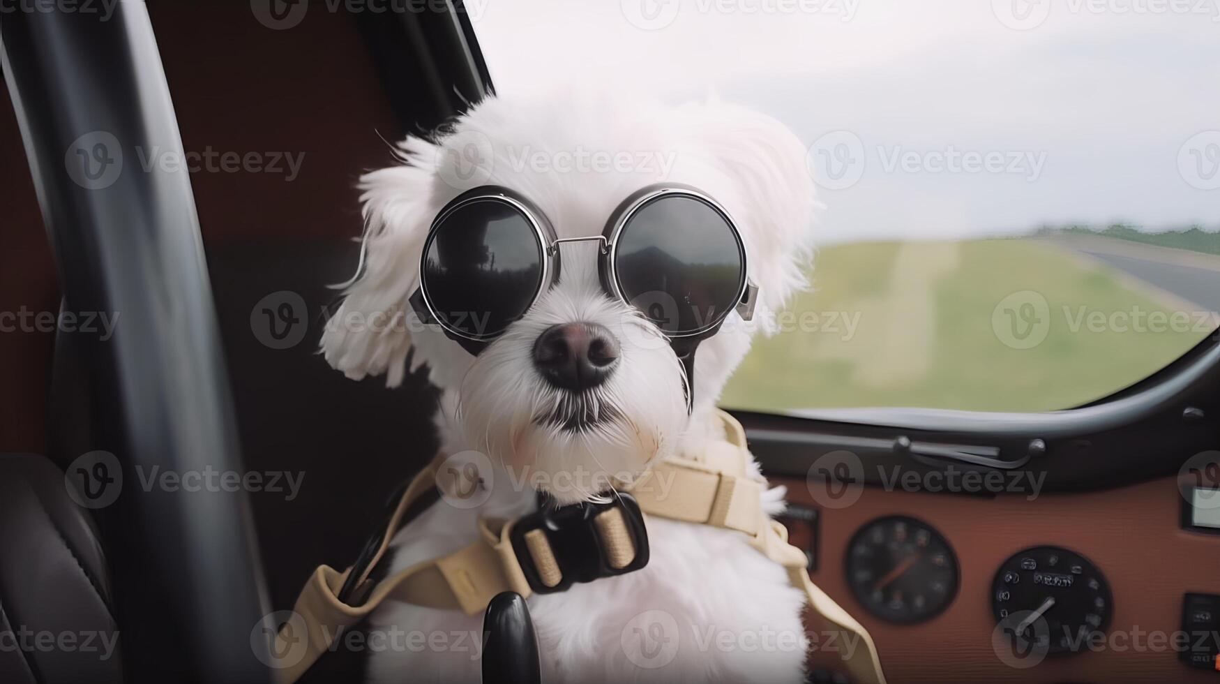 dog driving small car with pilot's glasses, photo