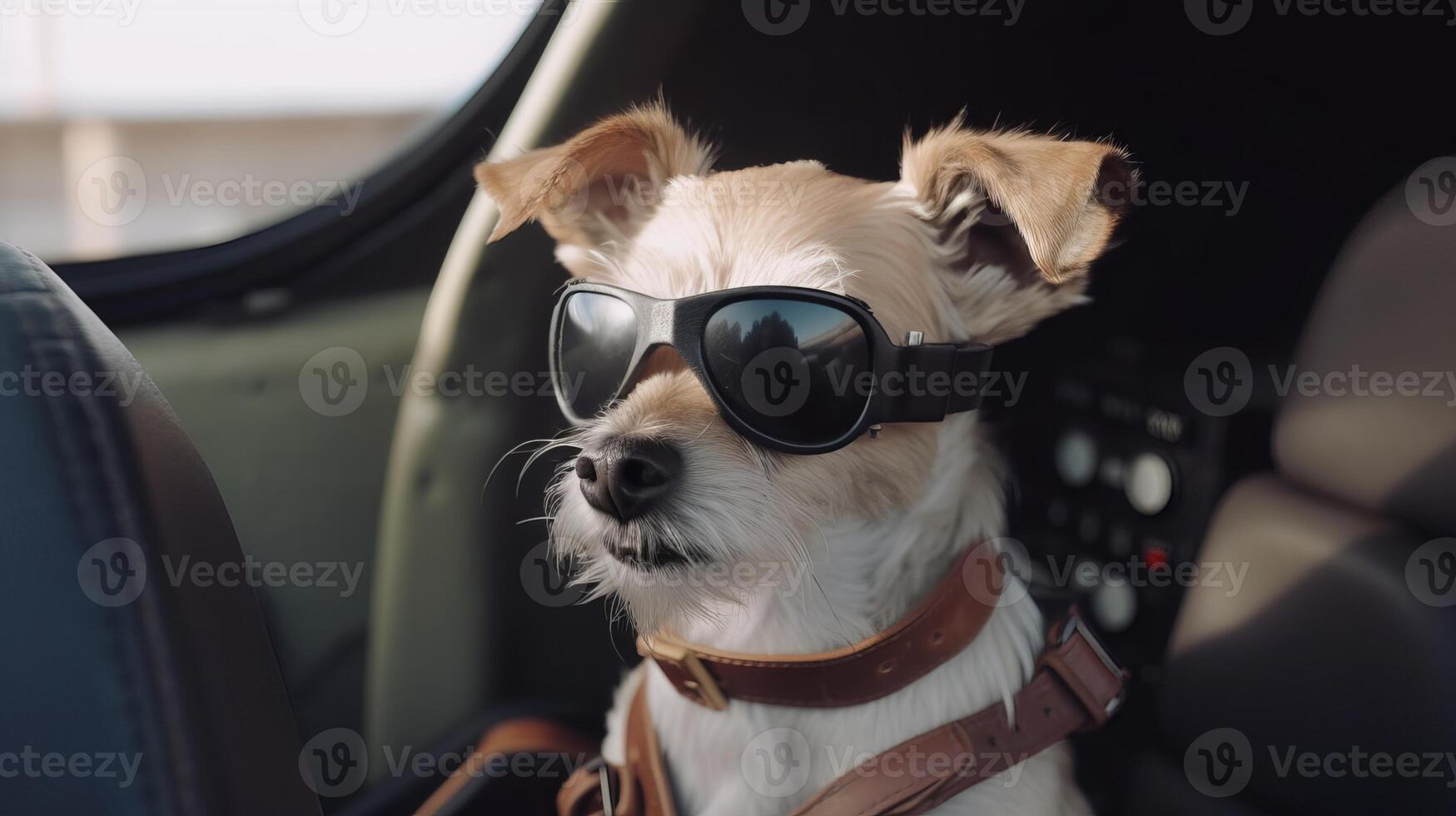 dog driving small car with pilot's glasses, photo