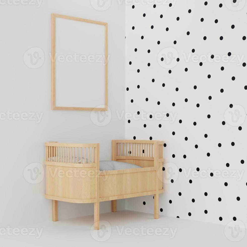 3D Rendering Wood Bassinet With White Polka Dot Wallpaper And Wh photo