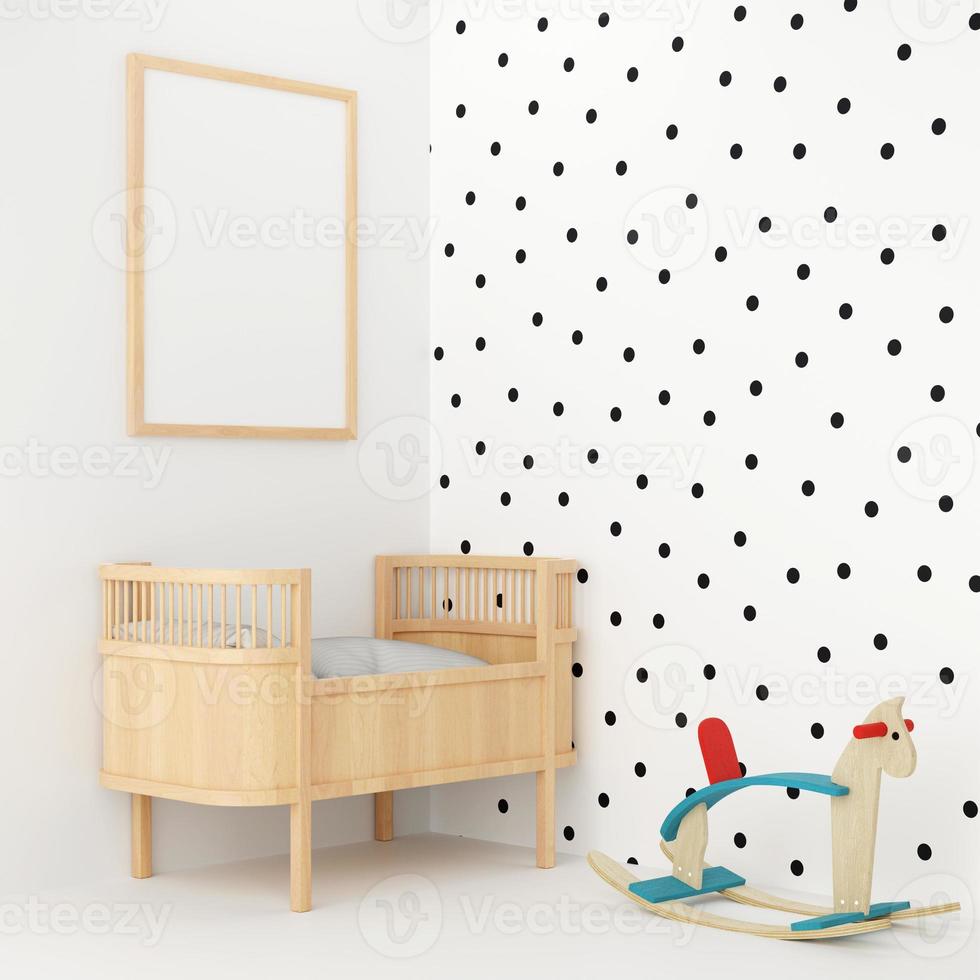 3D Rendering Wood Bassinet With White Polka Dot Wallpaper And Wh photo