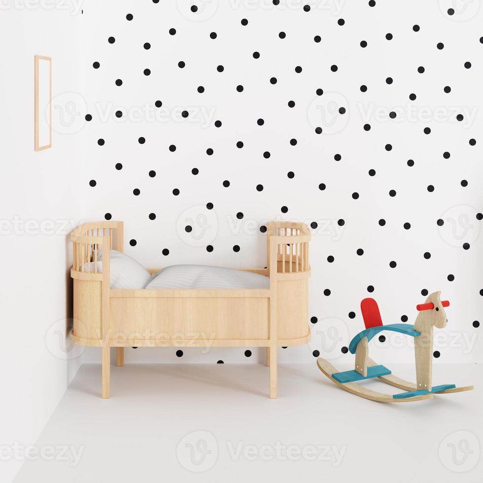 3D Rendering Wood Bassinet With White Polka Dot Wallpaper And Wh photo