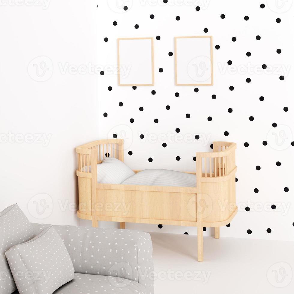 3D Rendering Wood Bassinet With White Polka Dot Wallpaper And Wh photo