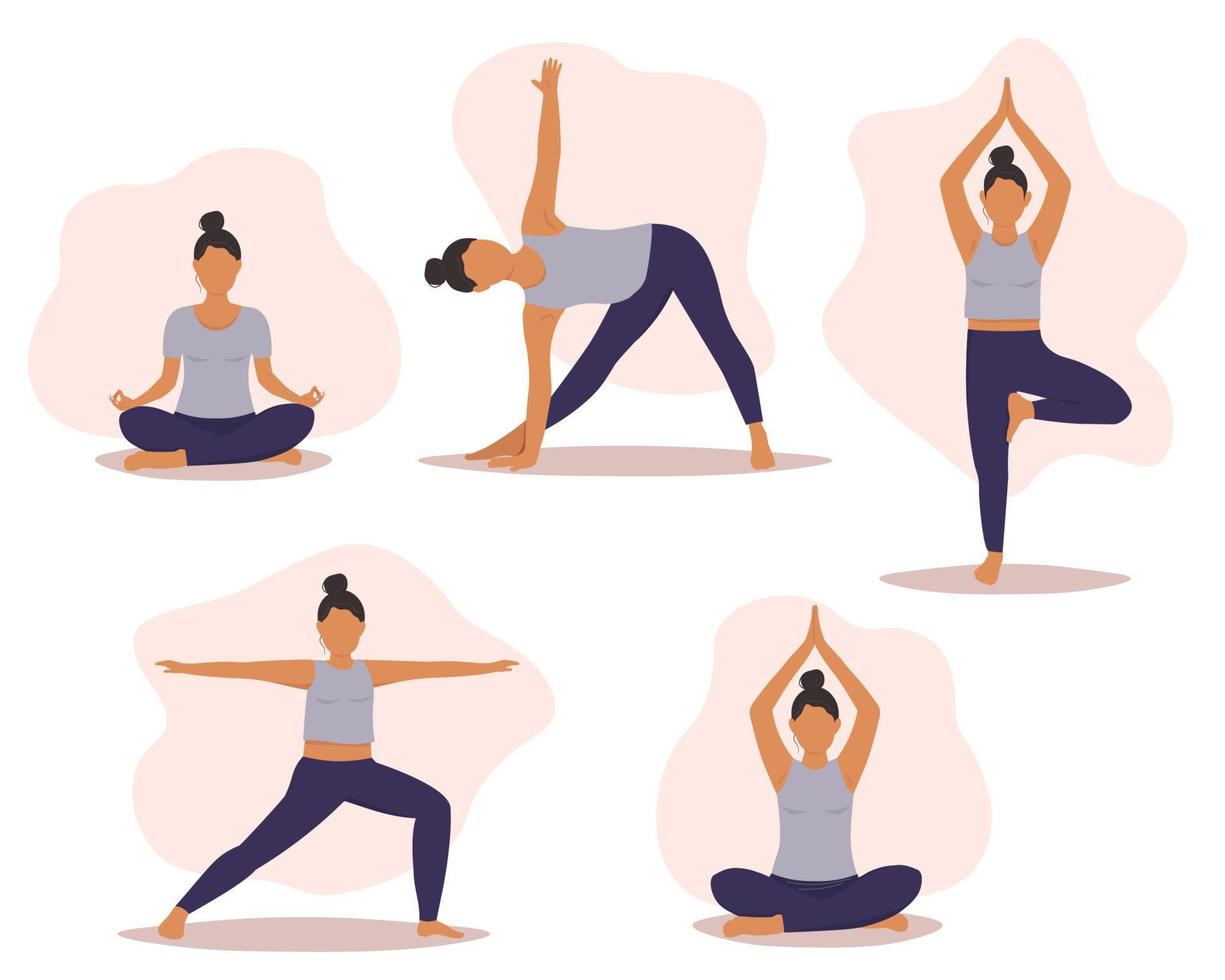 conjunto de yoga posa el niña lo hace asanas, gimnasia. activo actividad para salud, flexibilidad, balance. vector gráficos.