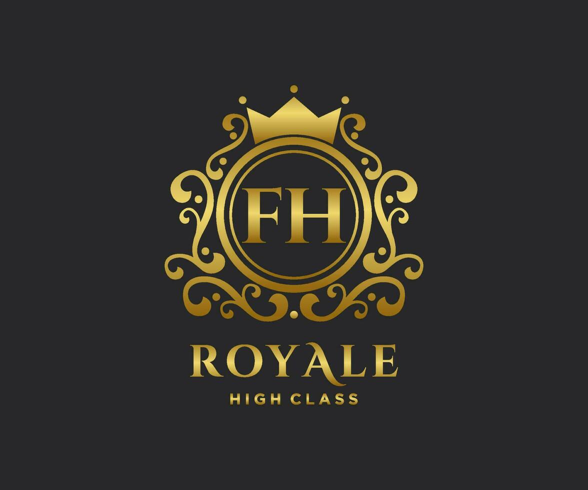 Golden Letter FH template logo Luxury gold letter with crown. Monogram alphabet . Beautiful royal initials letter. vector