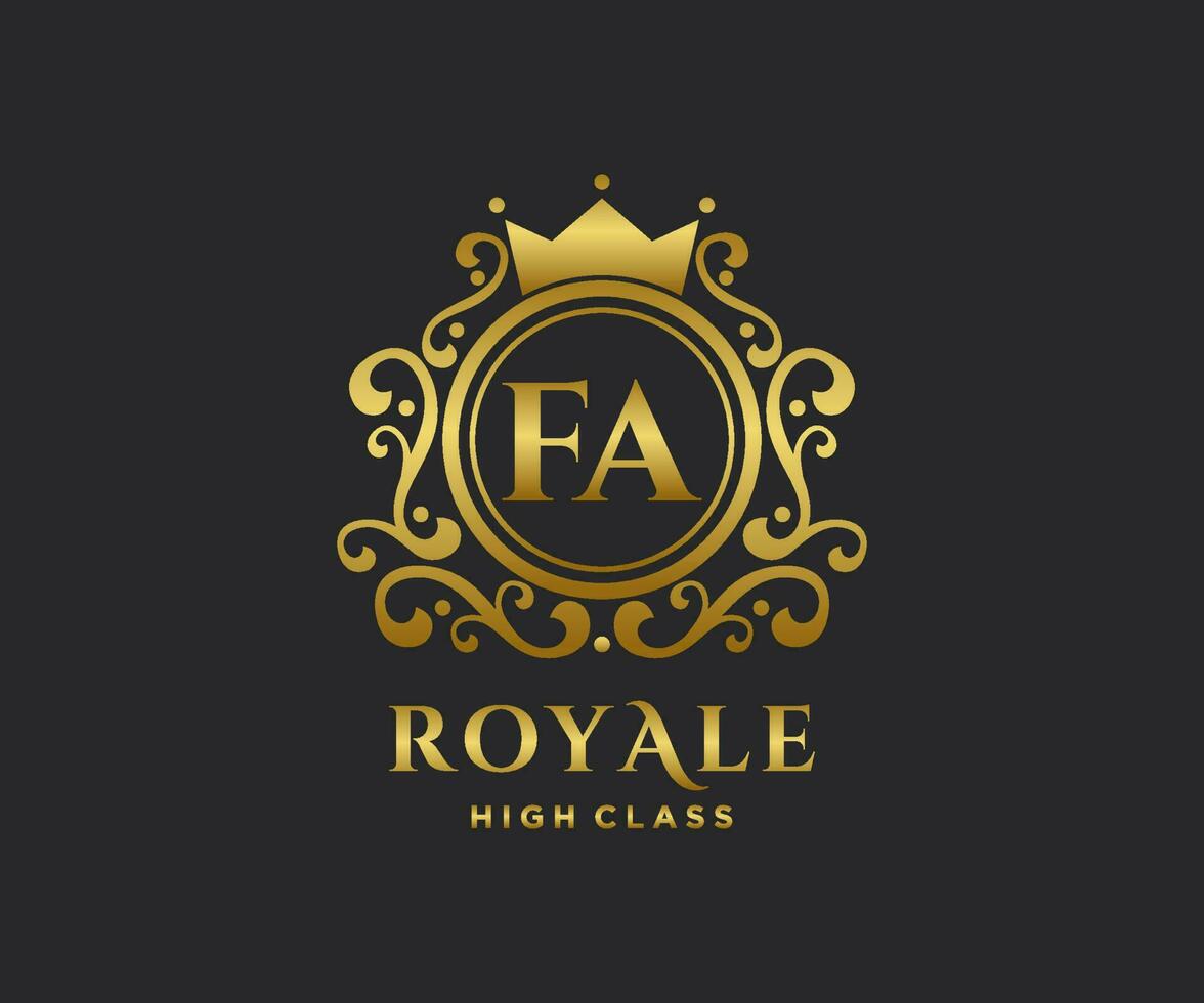 Golden Letter FA template logo Luxury gold letter with crown. Monogram alphabet . Beautiful royal initials letter. vector