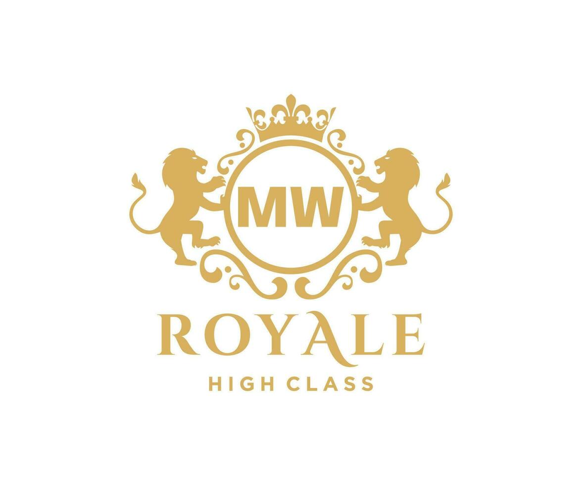 Golden Letter MW template logo Luxury gold letter with crown. Monogram alphabet . Beautiful royal initials letter. vector