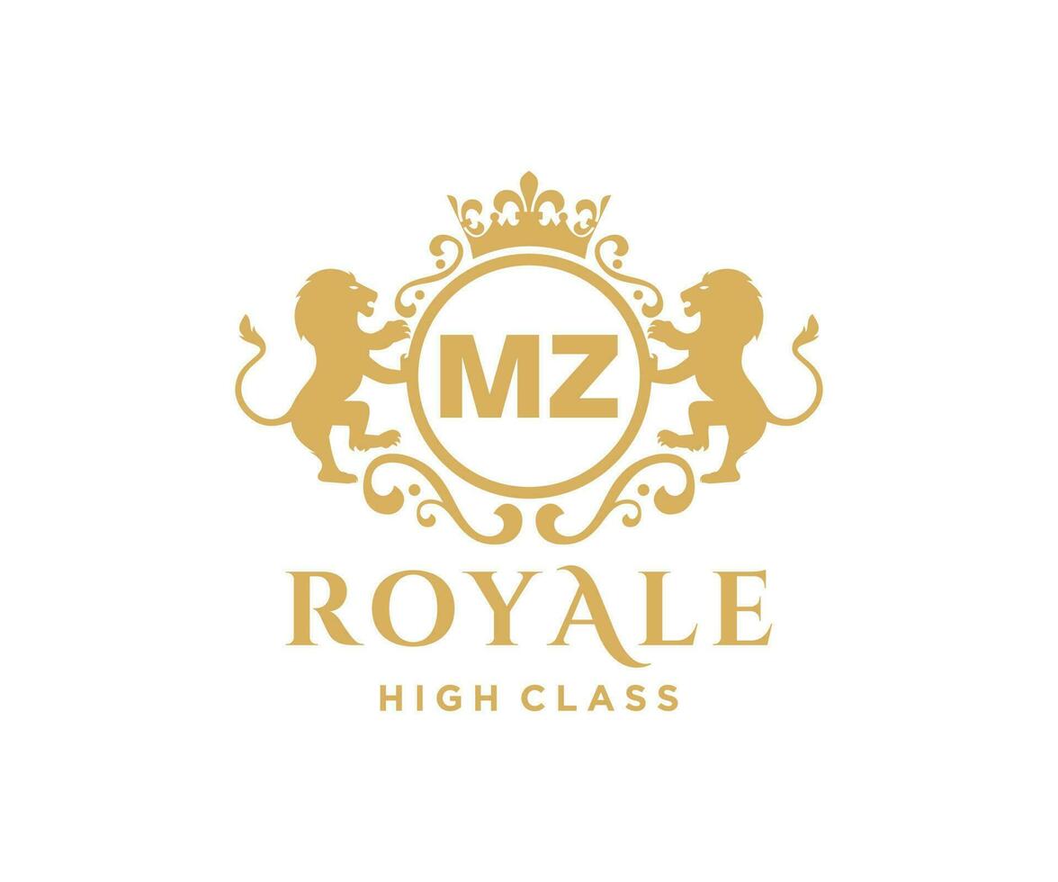 Golden Letter MZ template logo Luxury gold letter with crown. Monogram alphabet . Beautiful royal initials letter. vector