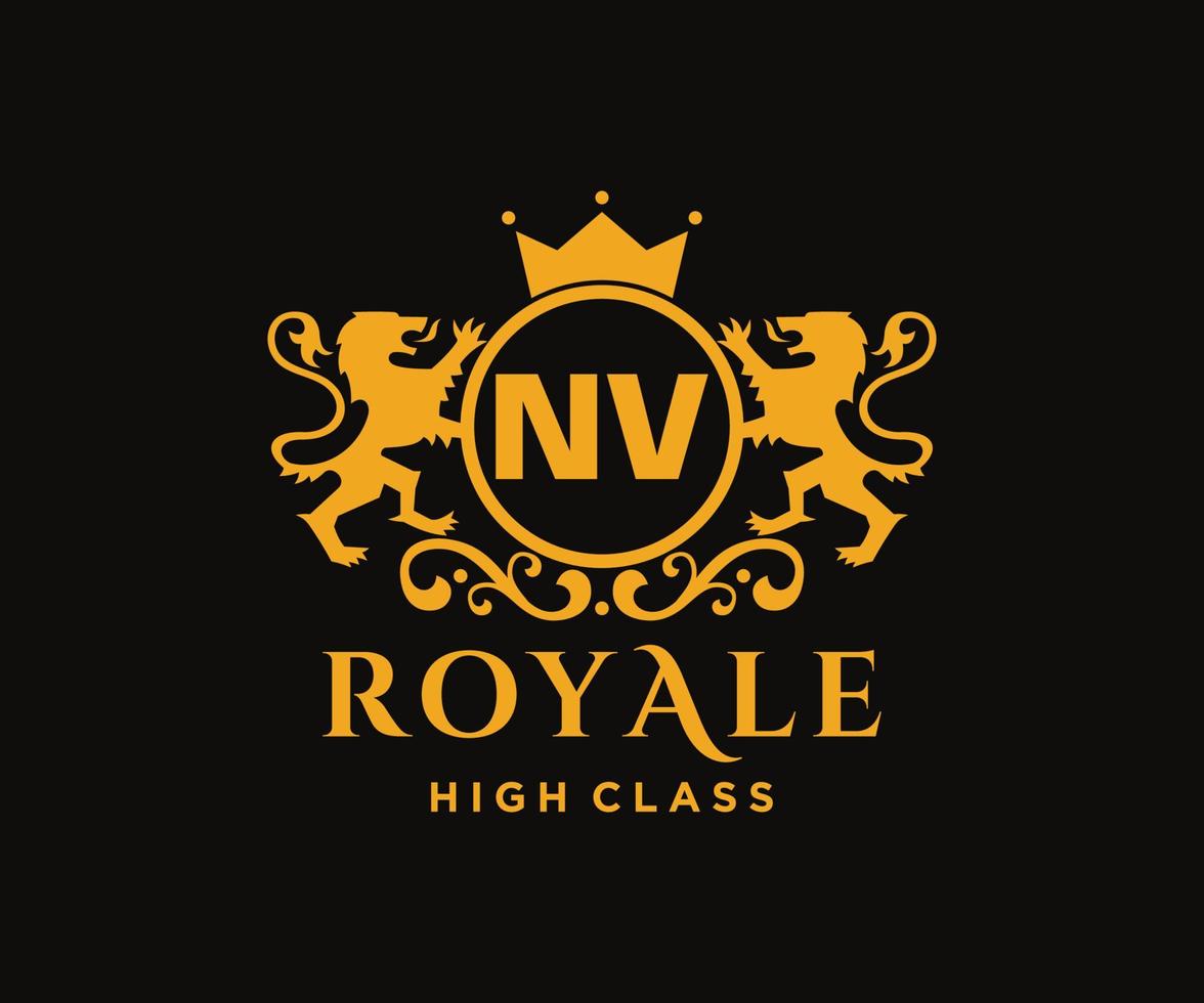 Golden Letter NV template logo Luxury gold letter with crown. Monogram alphabet . Beautiful royal initials letter. vector