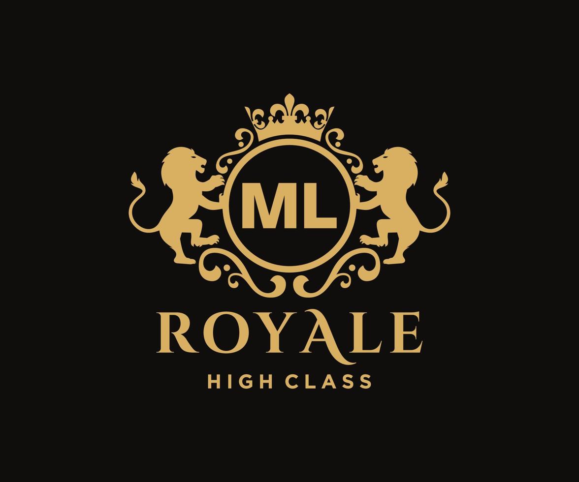 Golden Letter ML template logo Luxury gold letter with crown. Monogram alphabet . Beautiful royal initials letter. vector