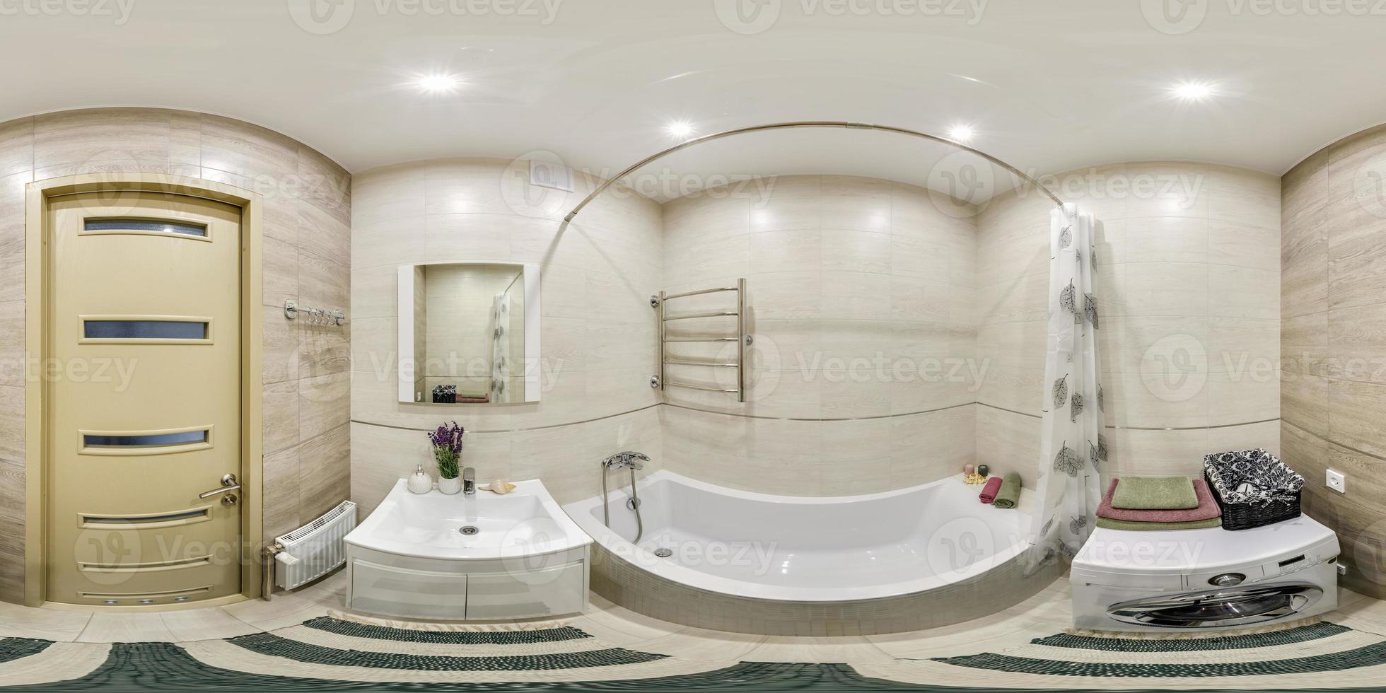 white seamless 360 hdri panorama in interior of expensive bathroom in modern flat apartments with washbasin in equirectangular projection with zenith and nadir. VR AR content photo