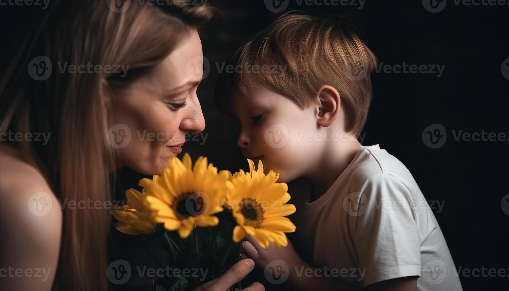 Little boy holding flowers, hugging his mother and celebrating mother's day. photo