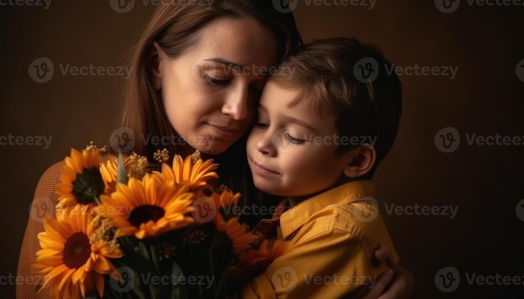 Little boy holding flowers, hugging his mother and celebrating mother's day. photo