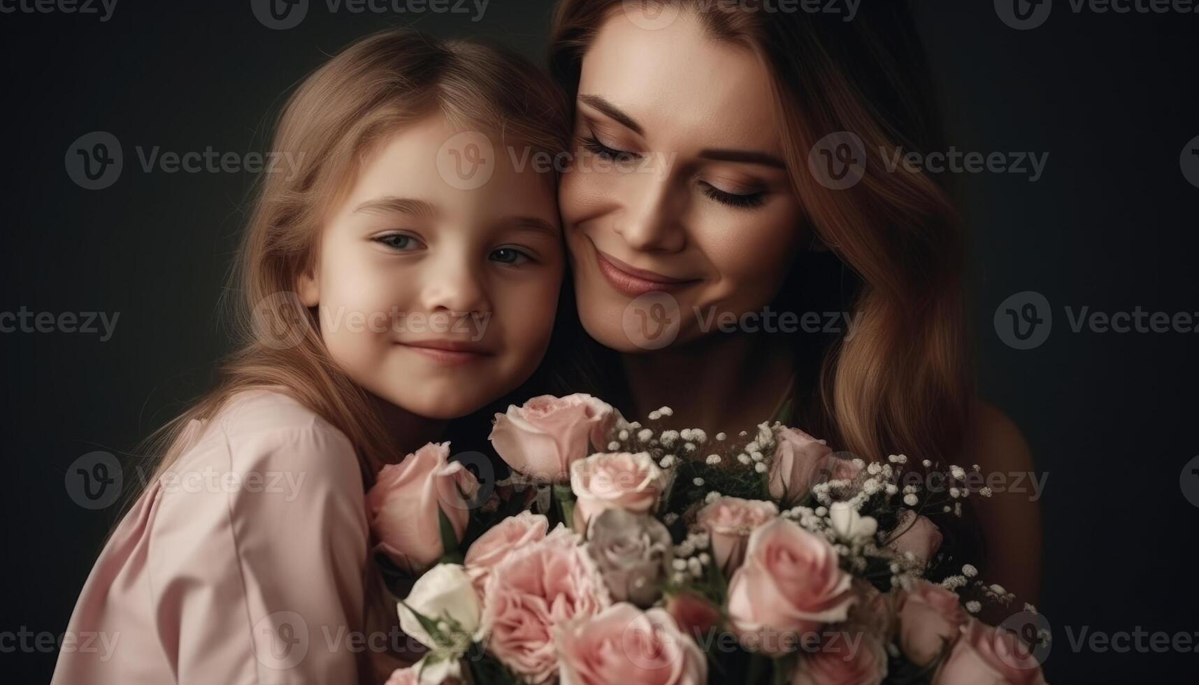 Little girl holding flowers, hugging her mother and celebrating mother's day. photo