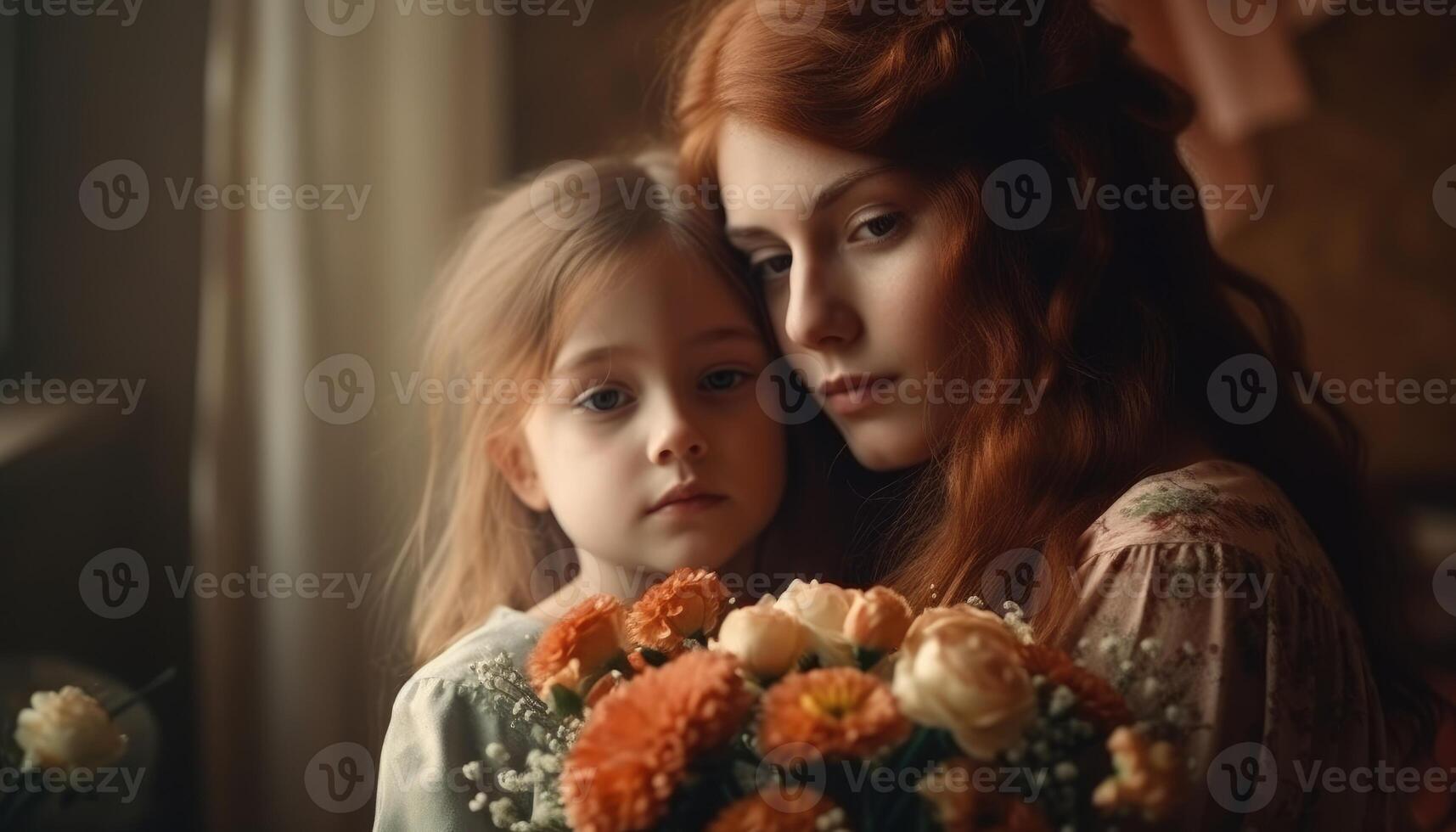 pequeño niña participación flores, abrazando su madre y celebrando de la madre día. generativo ai foto