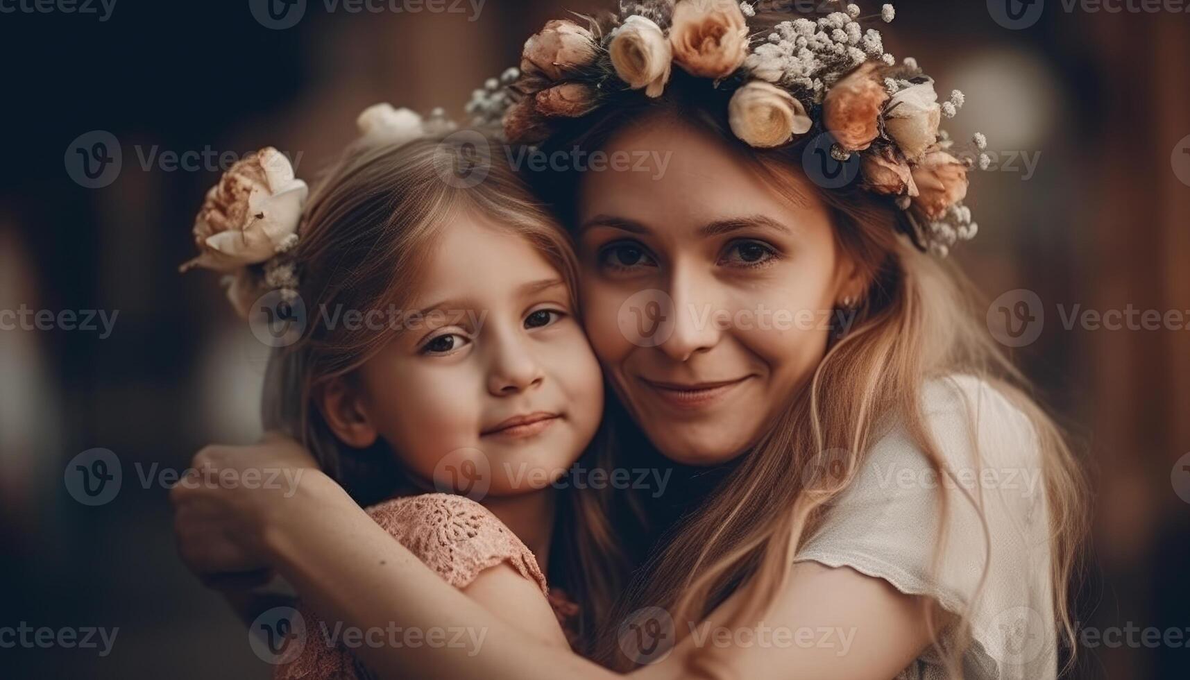 pequeño niña participación flores, abrazando su madre y celebrando de la madre día. generativo ai foto