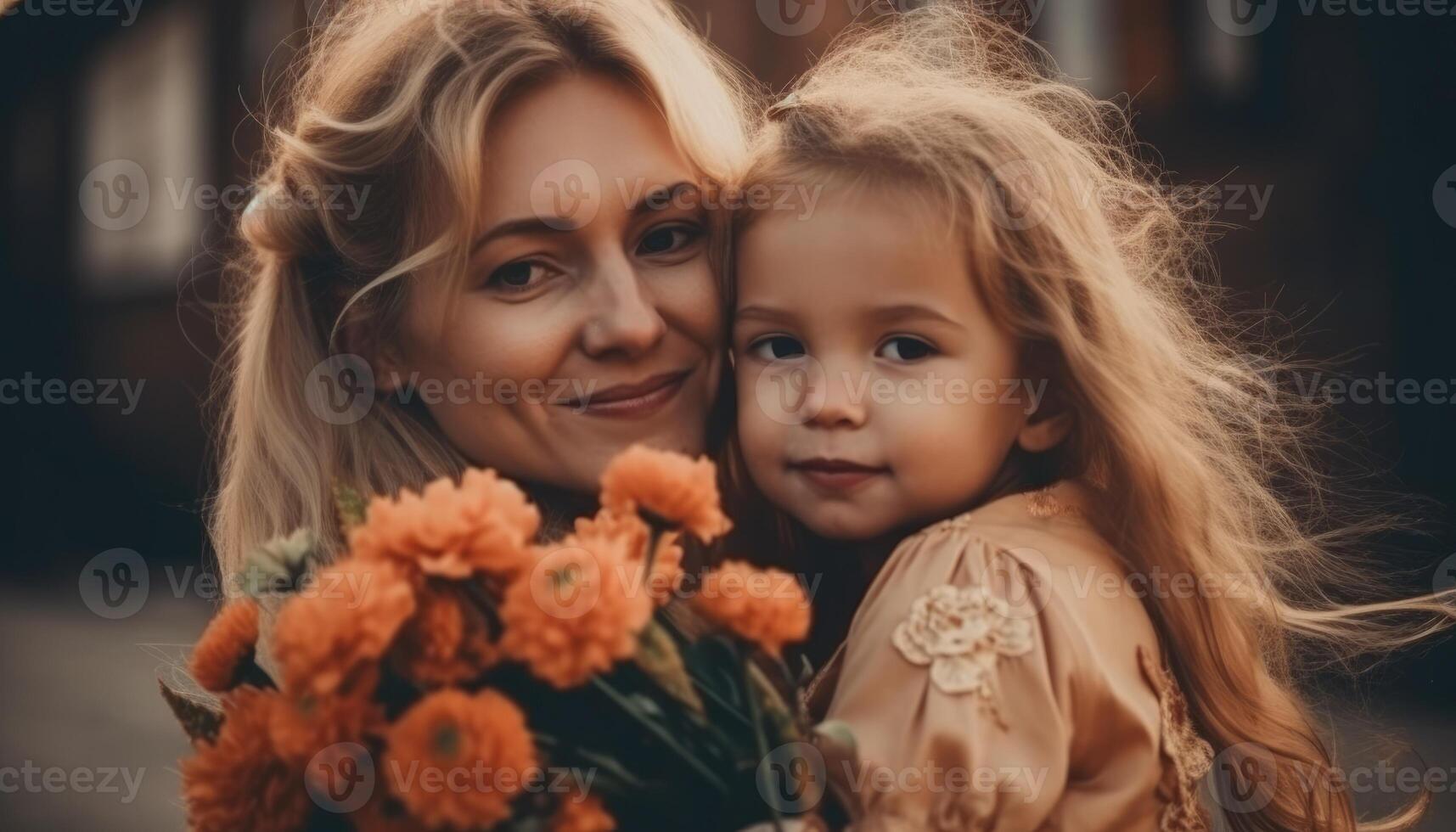 Little girl holding flowers, hugging her mother and celebrating mother's day. photo