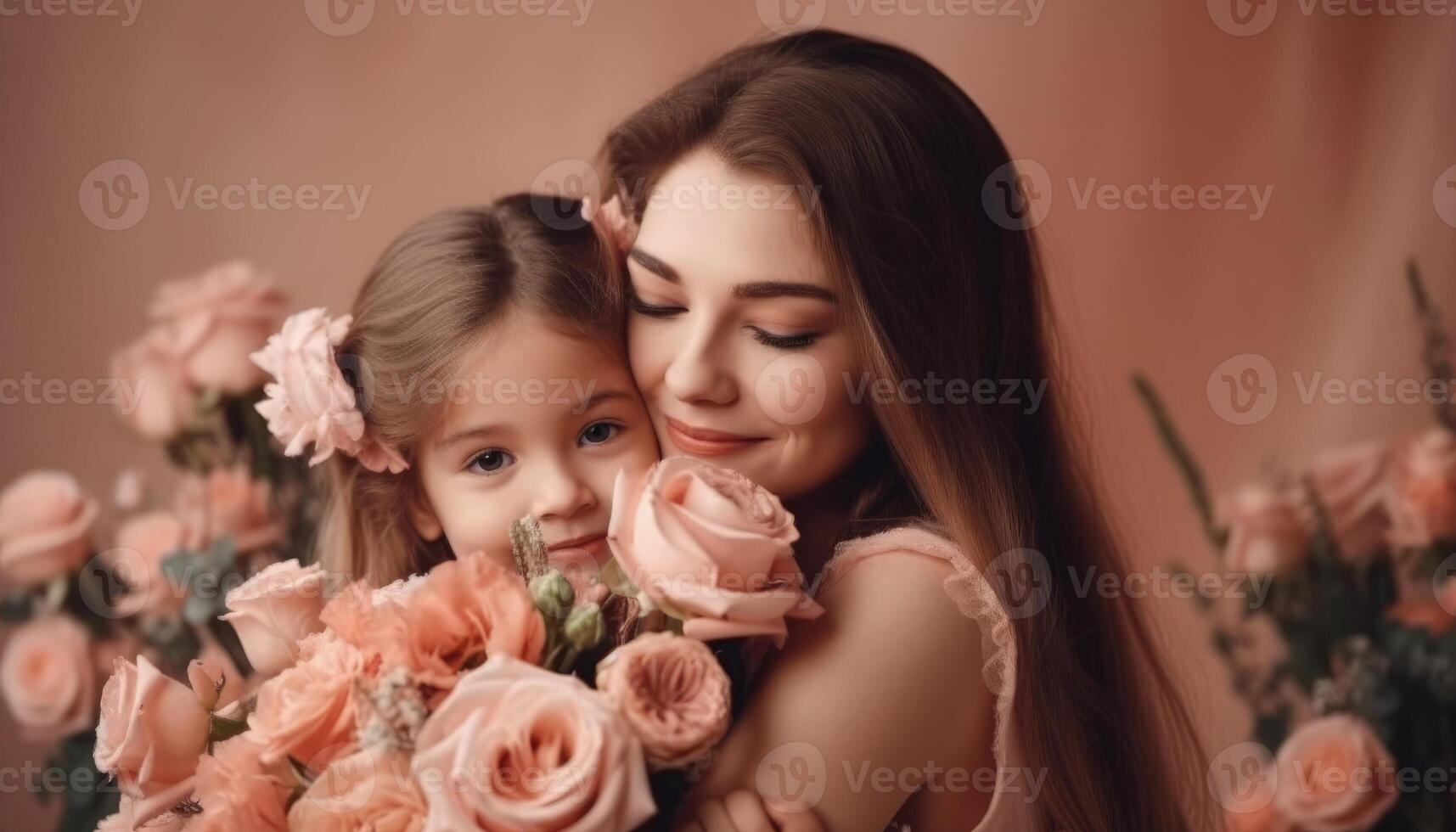 Little girl holding flowers, hugging her mother and celebrating mother's day. photo