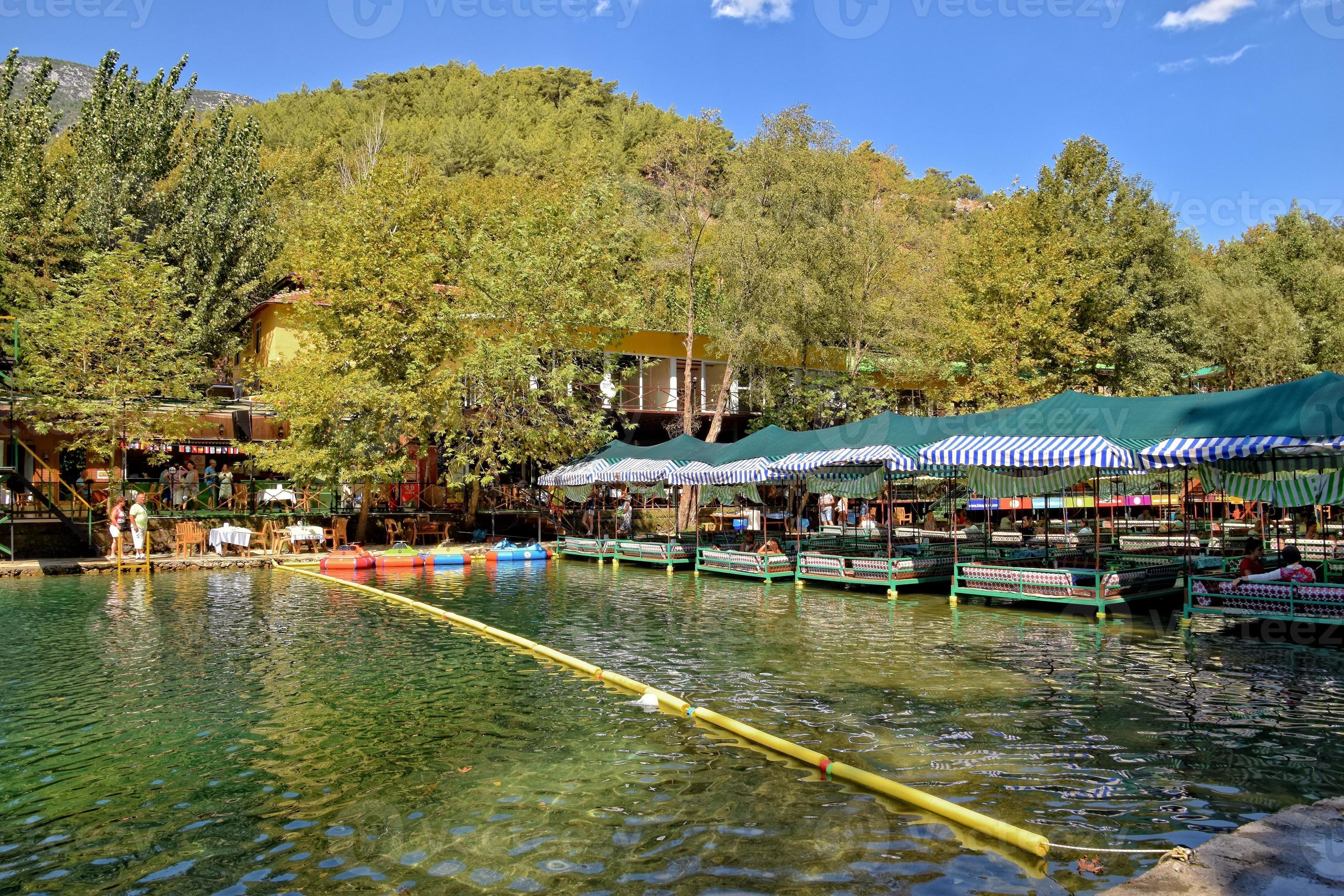 Calm Summer Landscape On The Turkish River Dim With Restaurant On The calm-summer-landscape-on-the-turkish-river-dim-with-restaurant-on-the