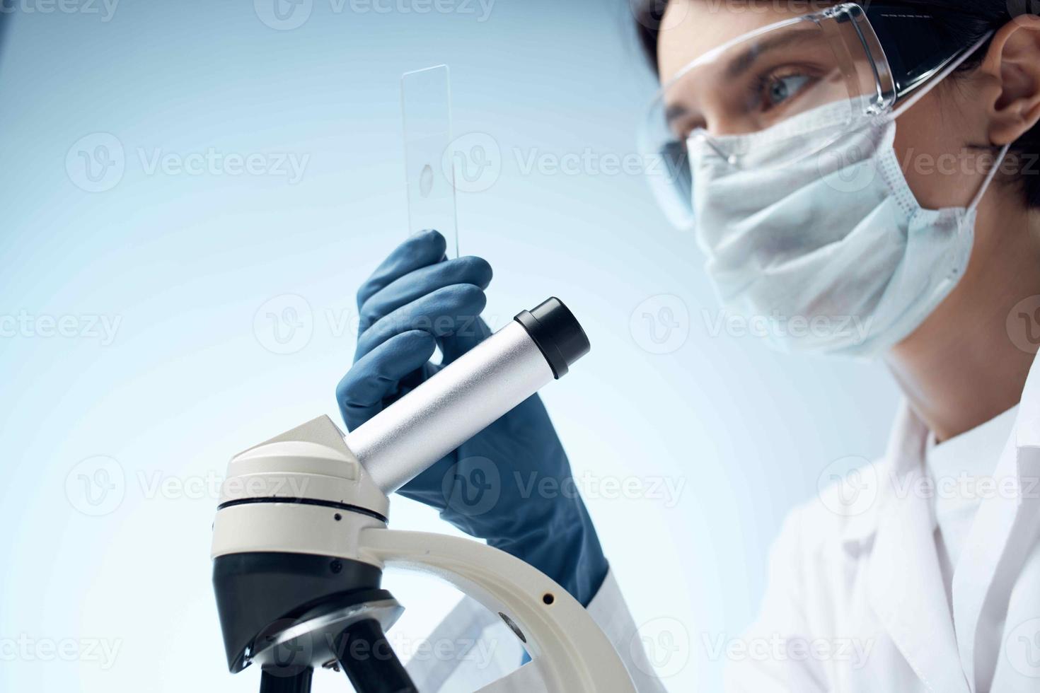 woman white coat laboratory microscope professional testing photo